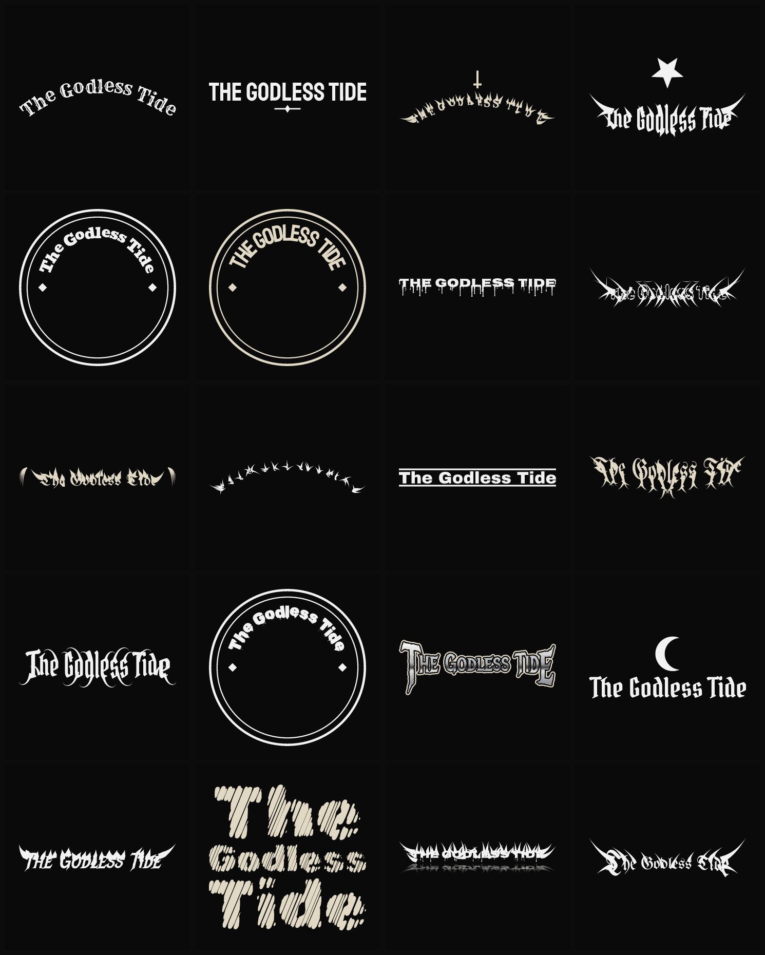 Twenty The Godless Tide band logo ideas — different faces, treatments and spike settings