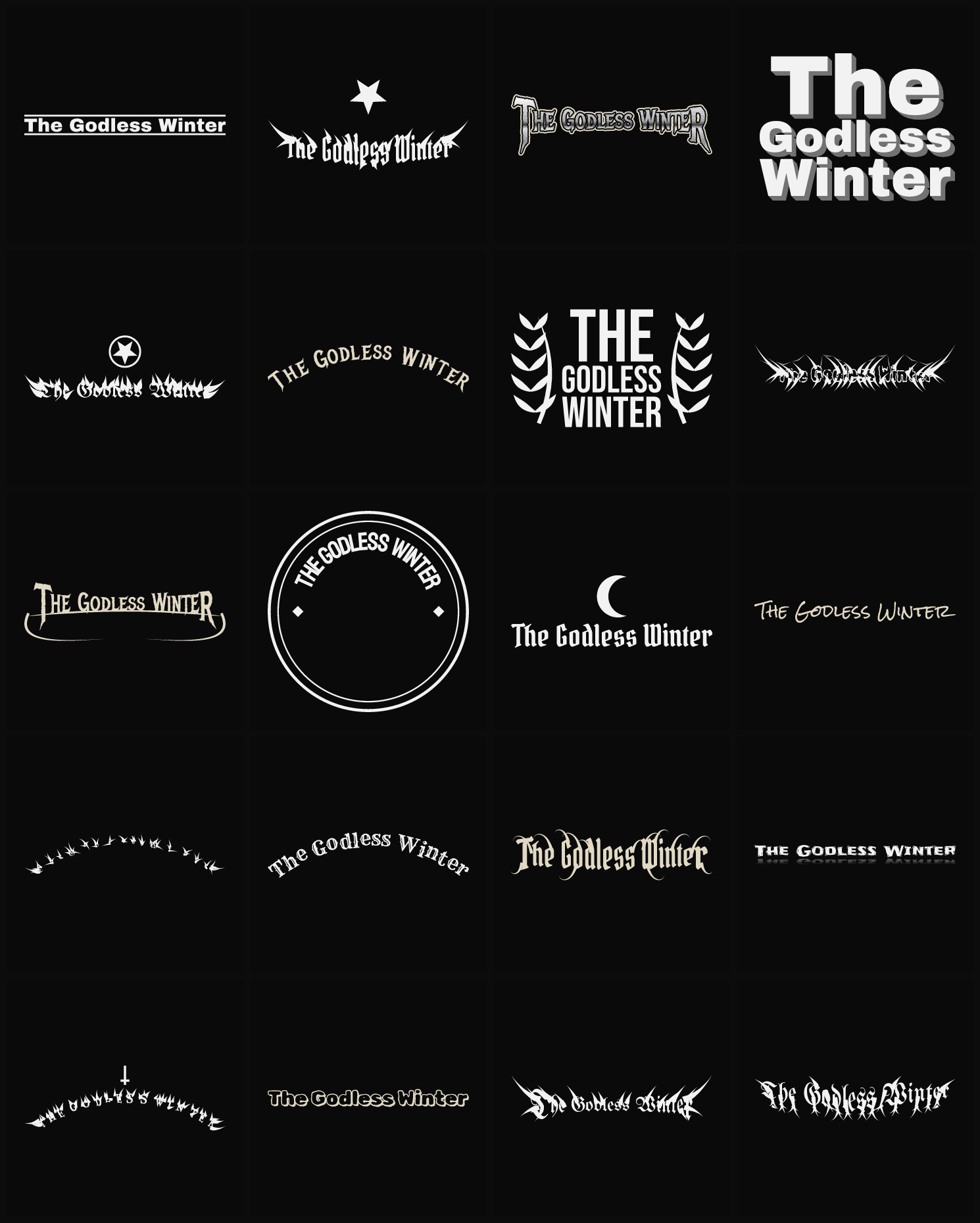 Twenty The Godless Winter band logo ideas — different faces, treatments and spike settings