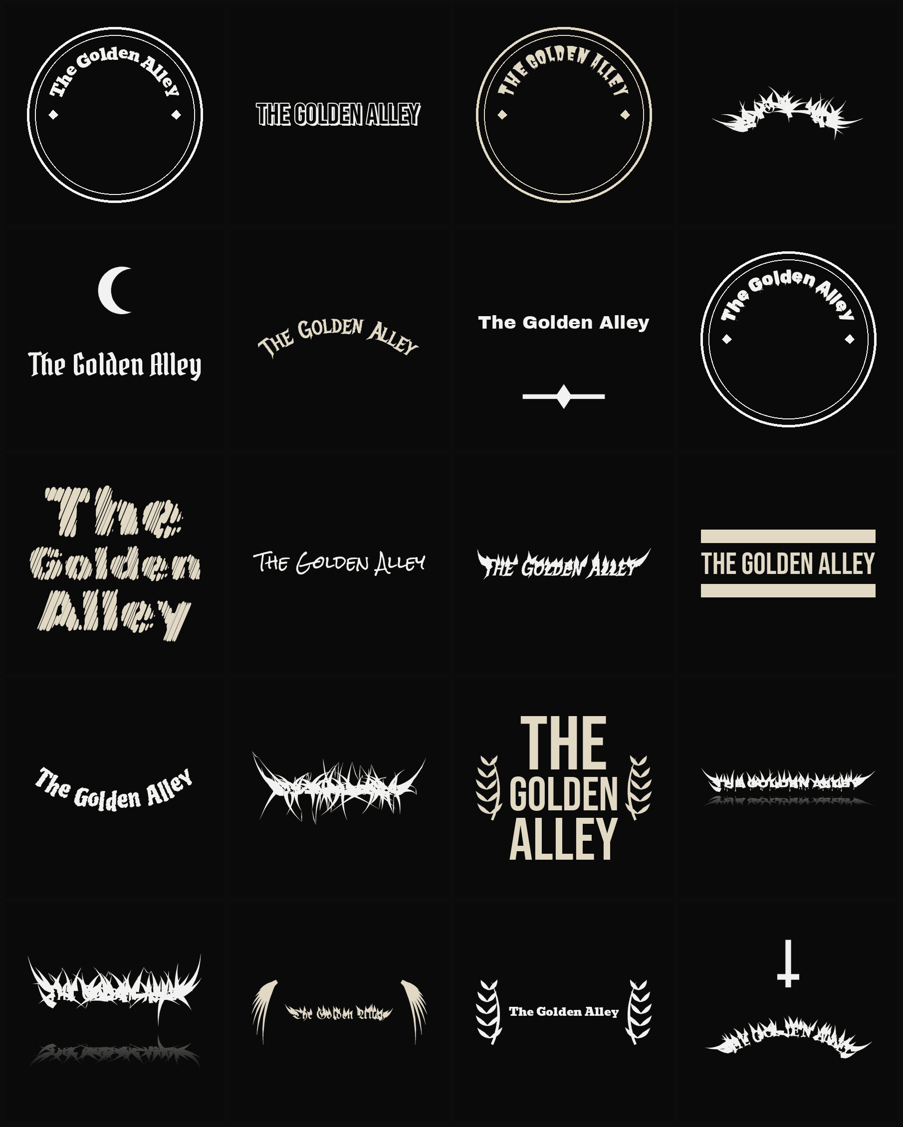 Twenty The Golden Alley band logo ideas — different faces, treatments and spike settings