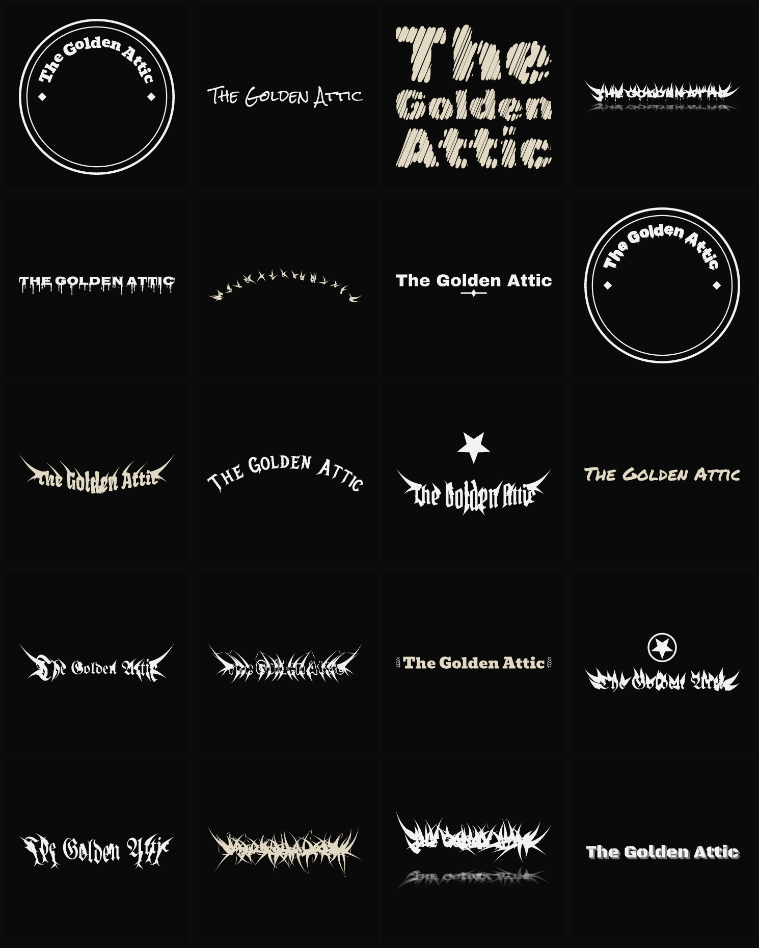 Twenty The Golden Attic band logo ideas — different faces, treatments and spike settings