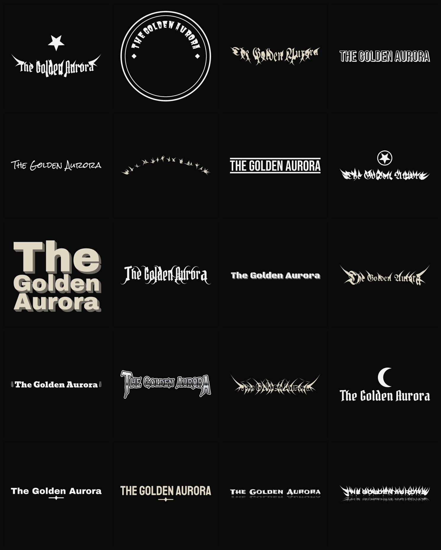 Twenty The Golden Aurora band logo ideas — different faces, treatments and spike settings
