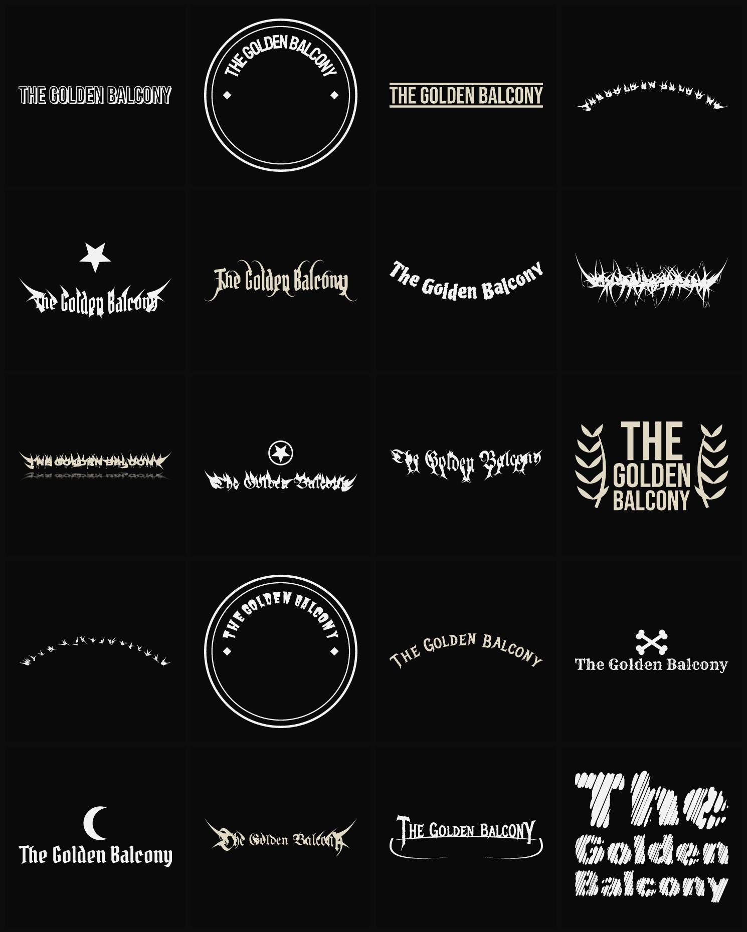 Twenty The Golden Balcony band logo ideas — different faces, treatments and spike settings
