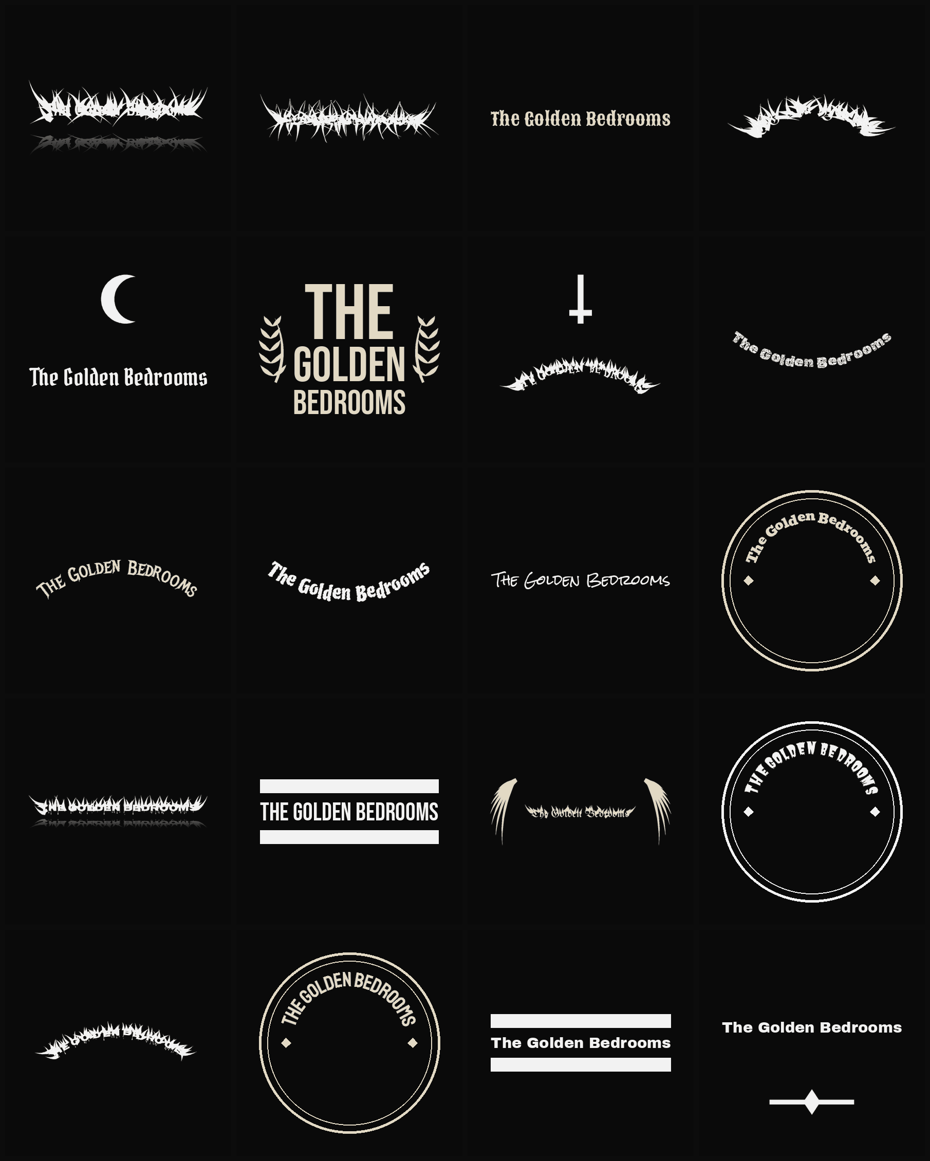 Twenty The Golden Bedrooms band logo ideas — different faces, treatments and spike settings