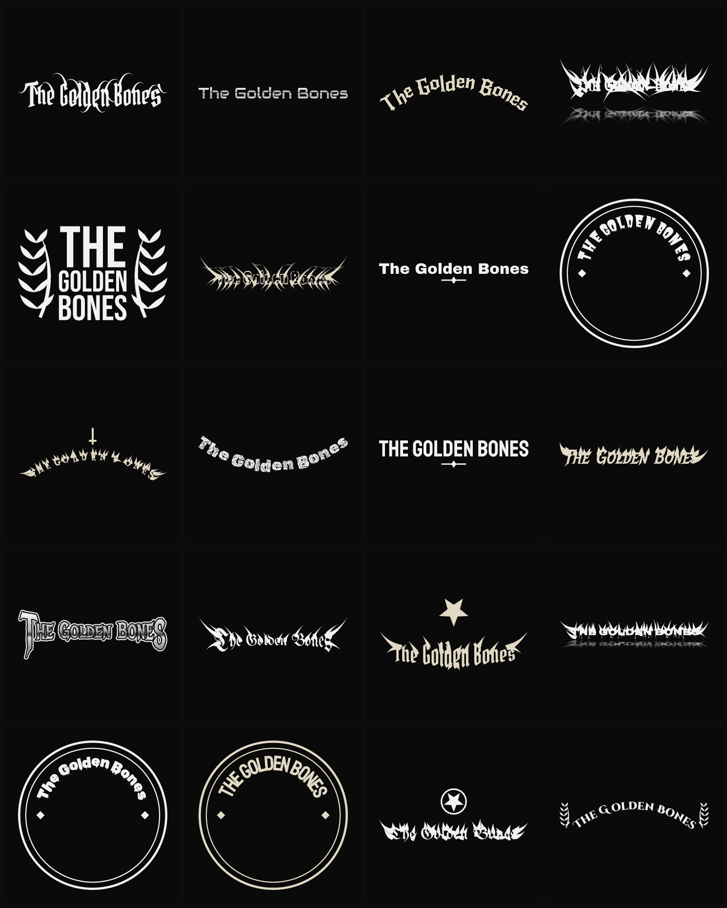 Twenty The Golden Bones band logo ideas — different faces, treatments and spike settings