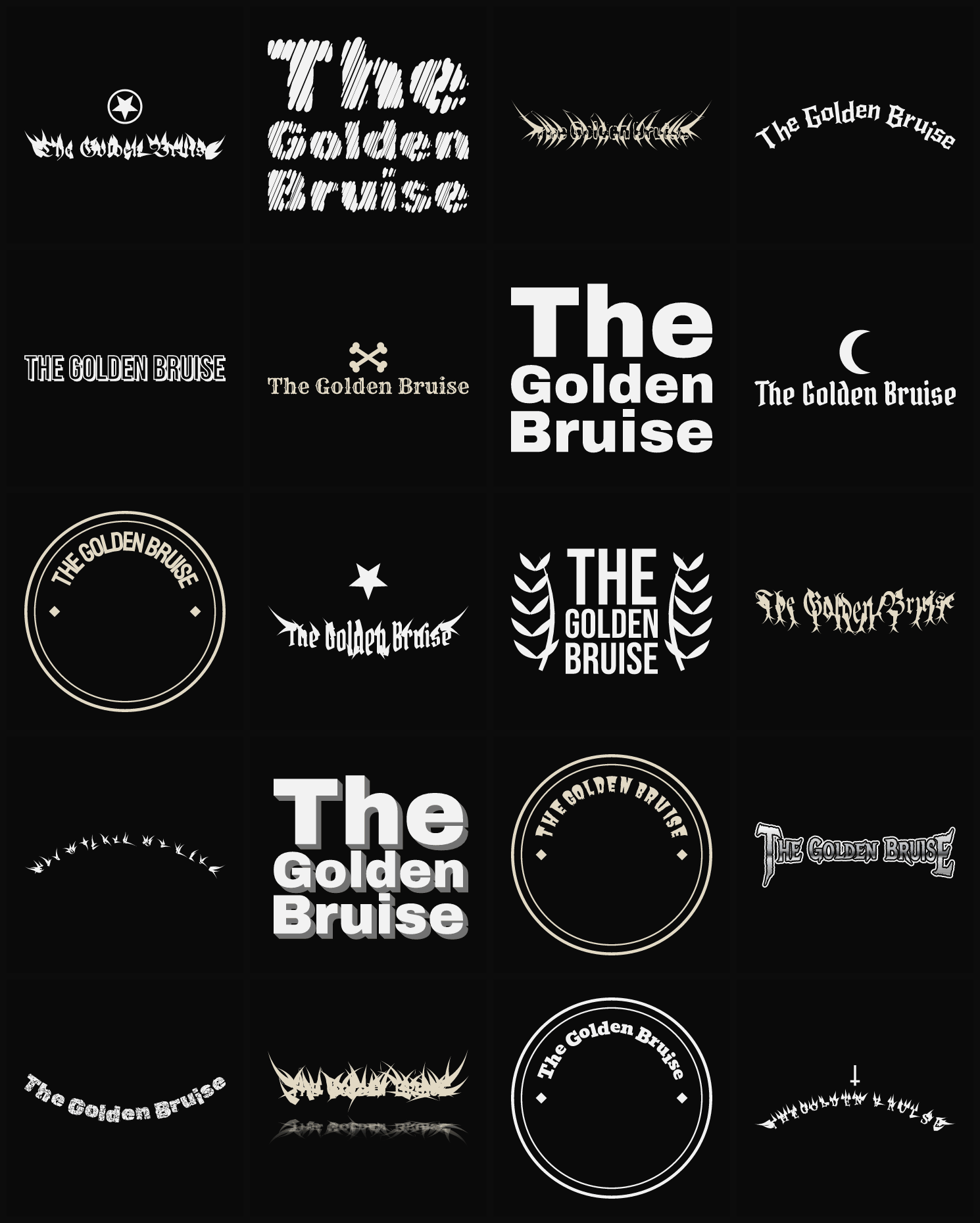 Twenty The Golden Bruise band logo ideas — different faces, treatments and spike settings