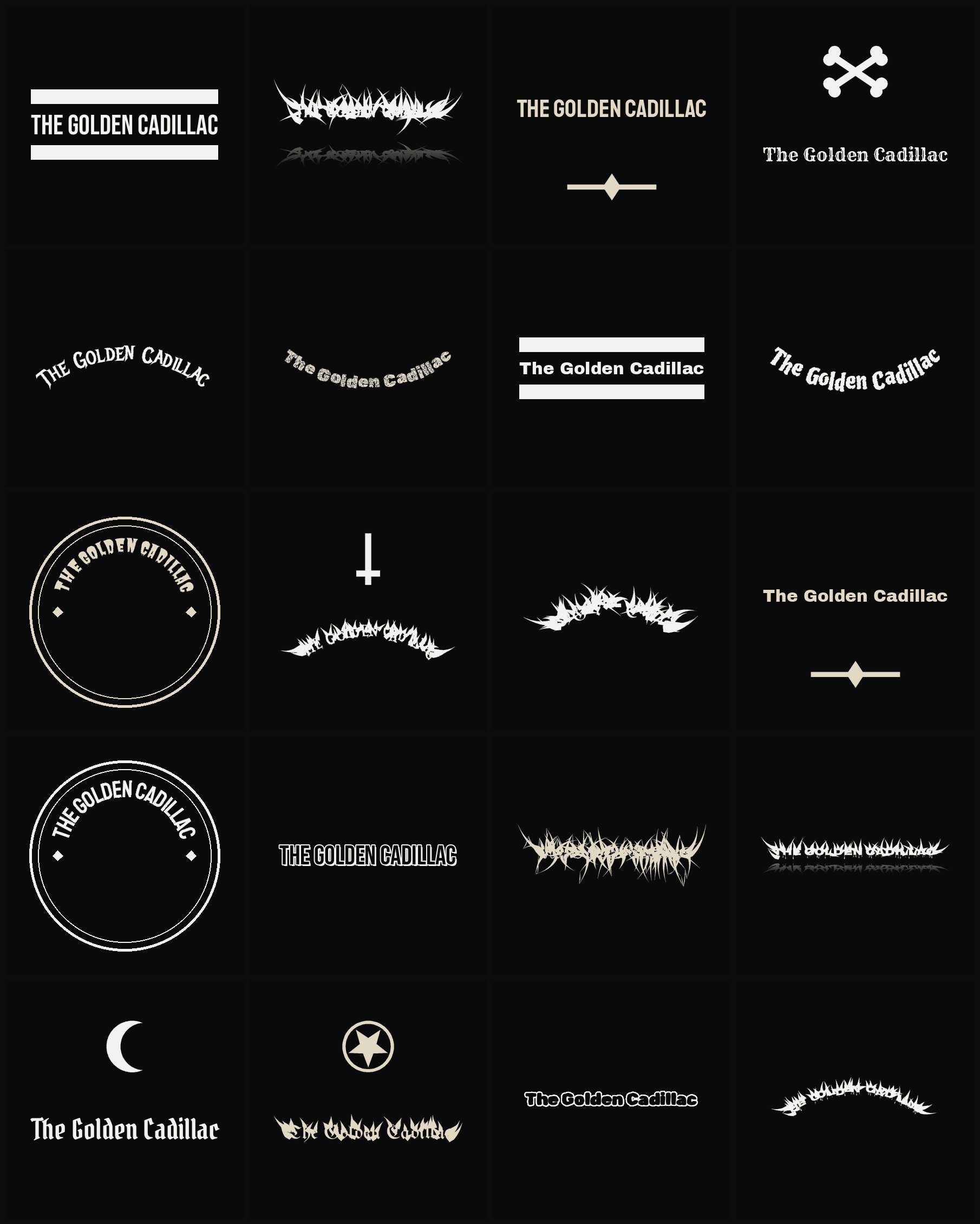 Twenty The Golden Cadillac band logo ideas — different faces, treatments and spike settings
