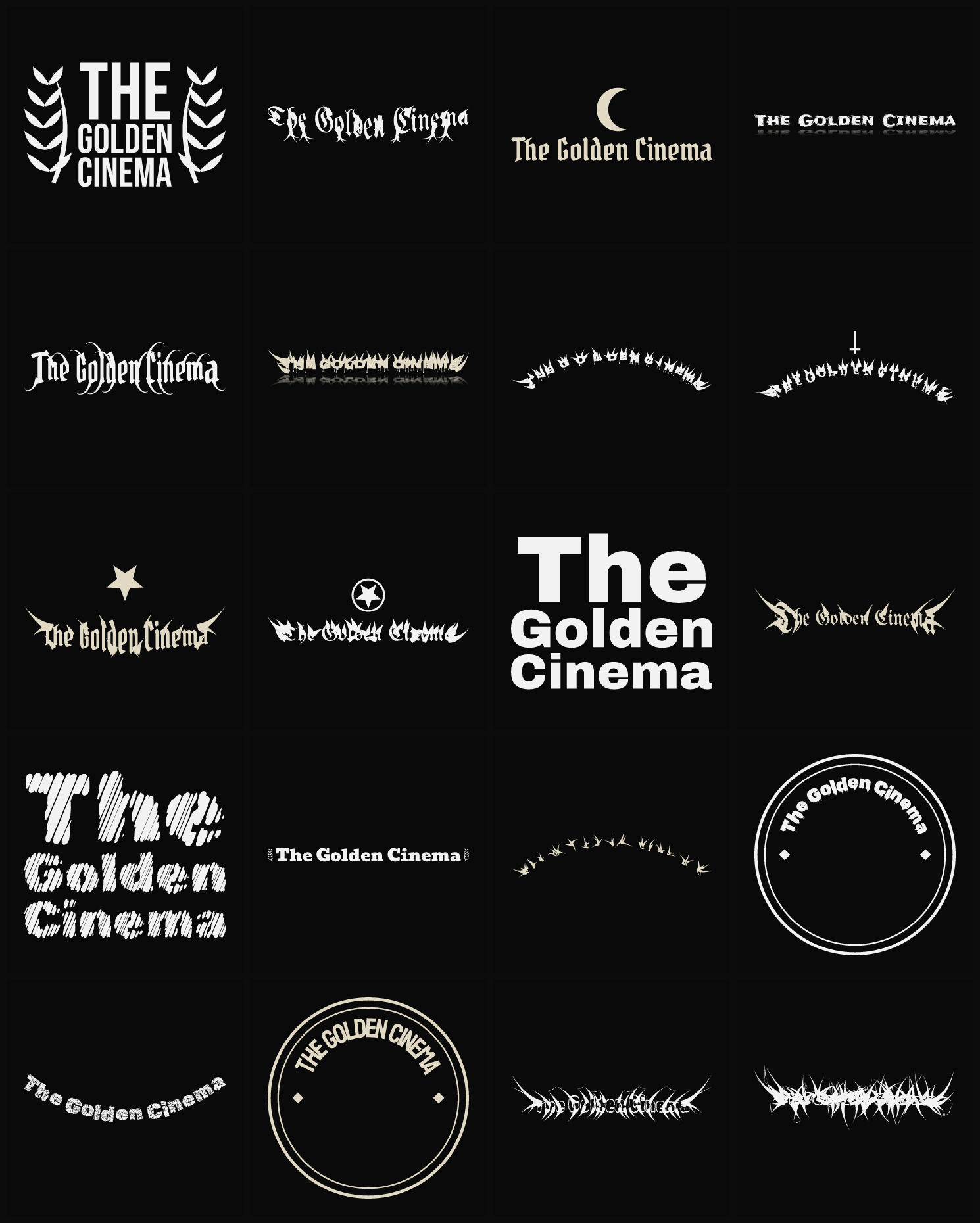 Twenty The Golden Cinema band logo ideas — different faces, treatments and spike settings