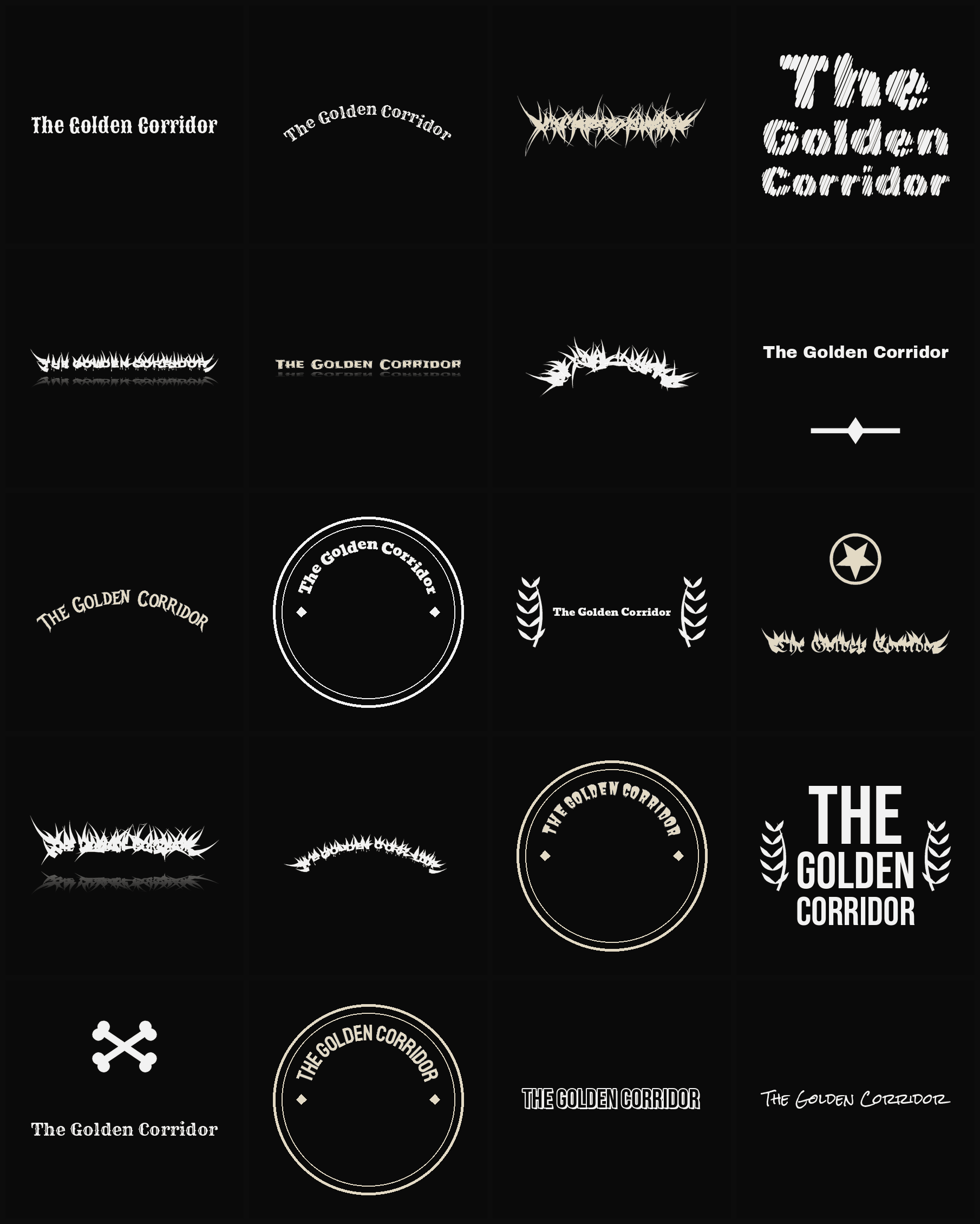 Twenty The Golden Corridor band logo ideas — different faces, treatments and spike settings