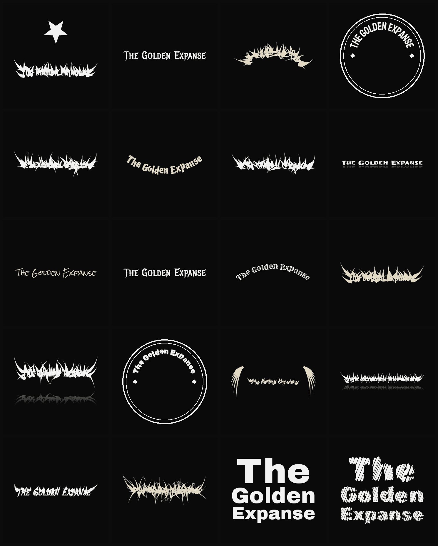 Twenty The Golden Expanse band logo ideas — different faces, treatments and spike settings
