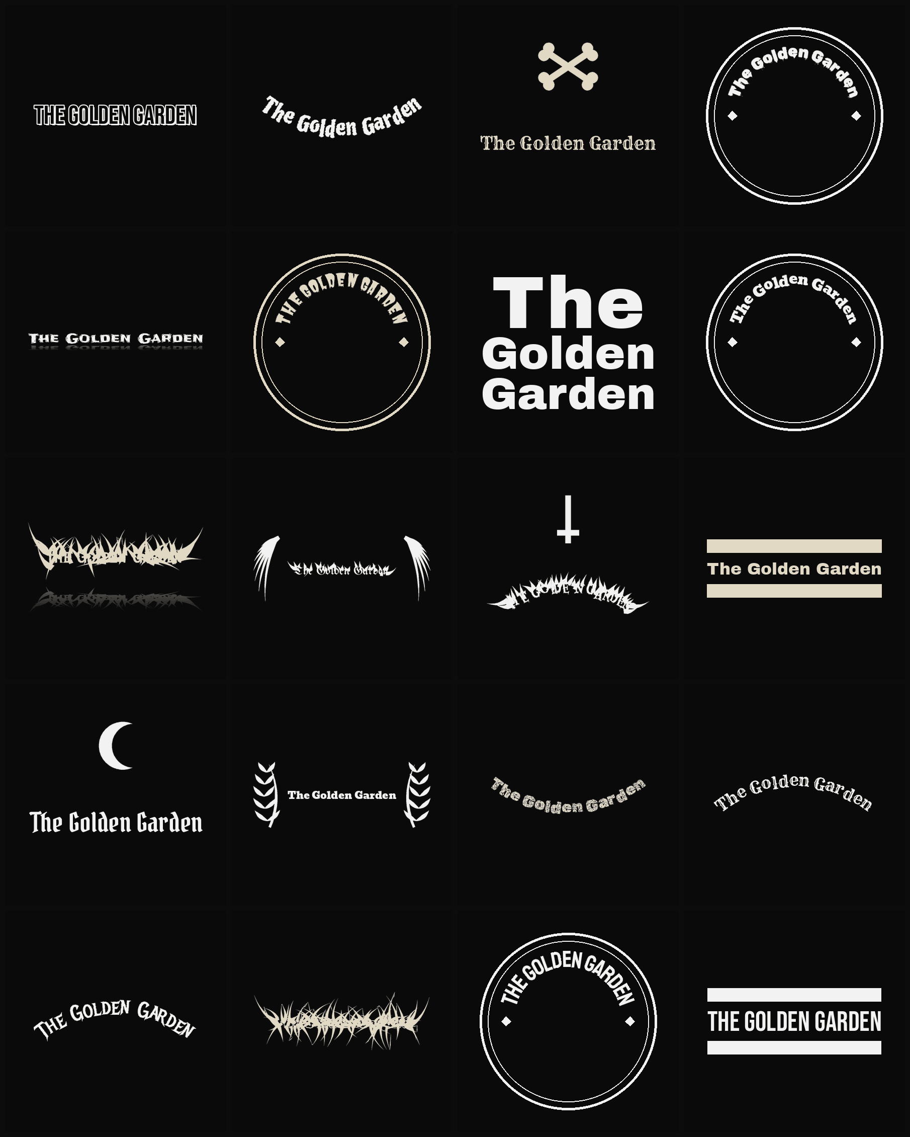 Twenty The Golden Garden band logo ideas — different faces, treatments and spike settings