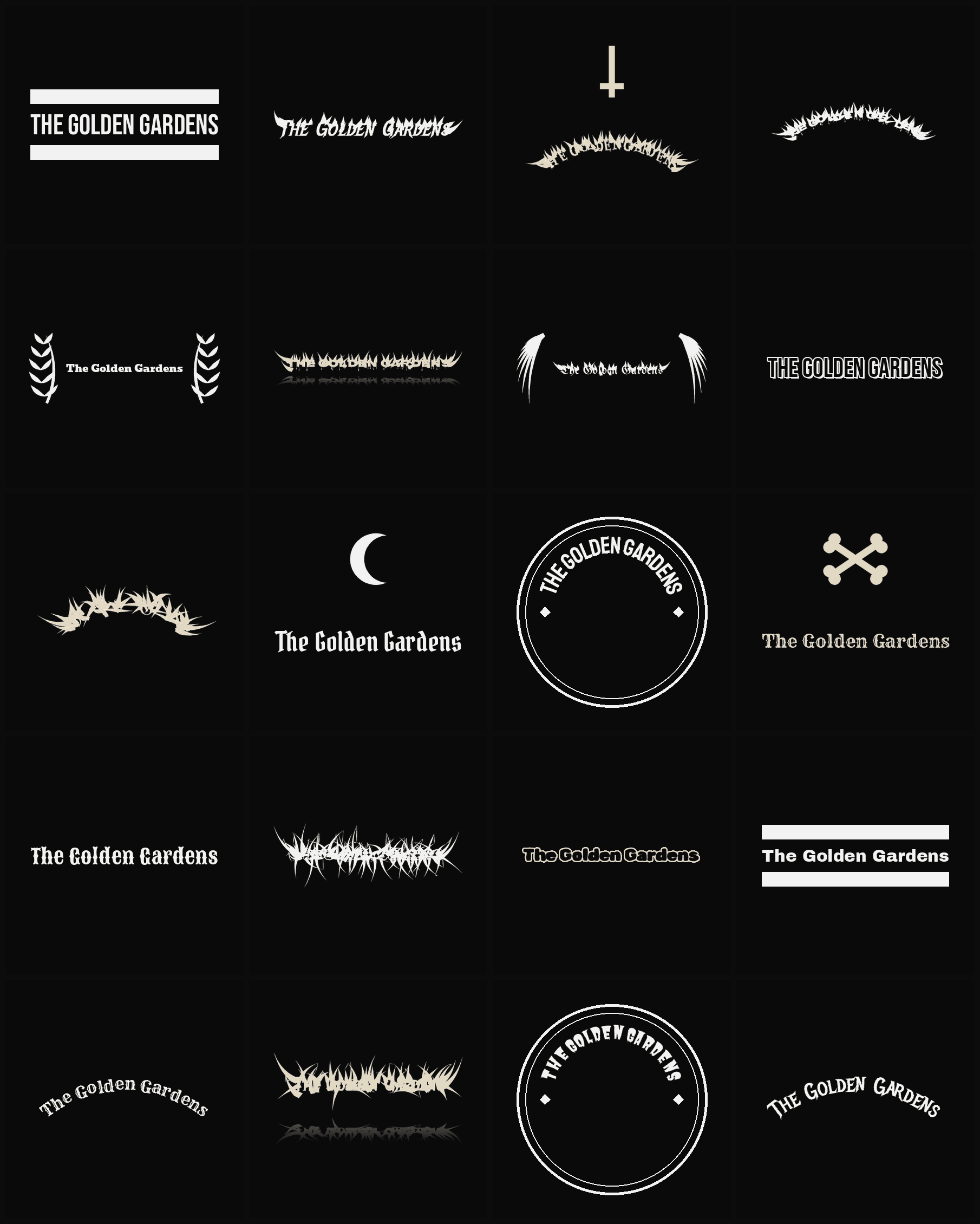 Twenty The Golden Gardens band logo ideas — different faces, treatments and spike settings