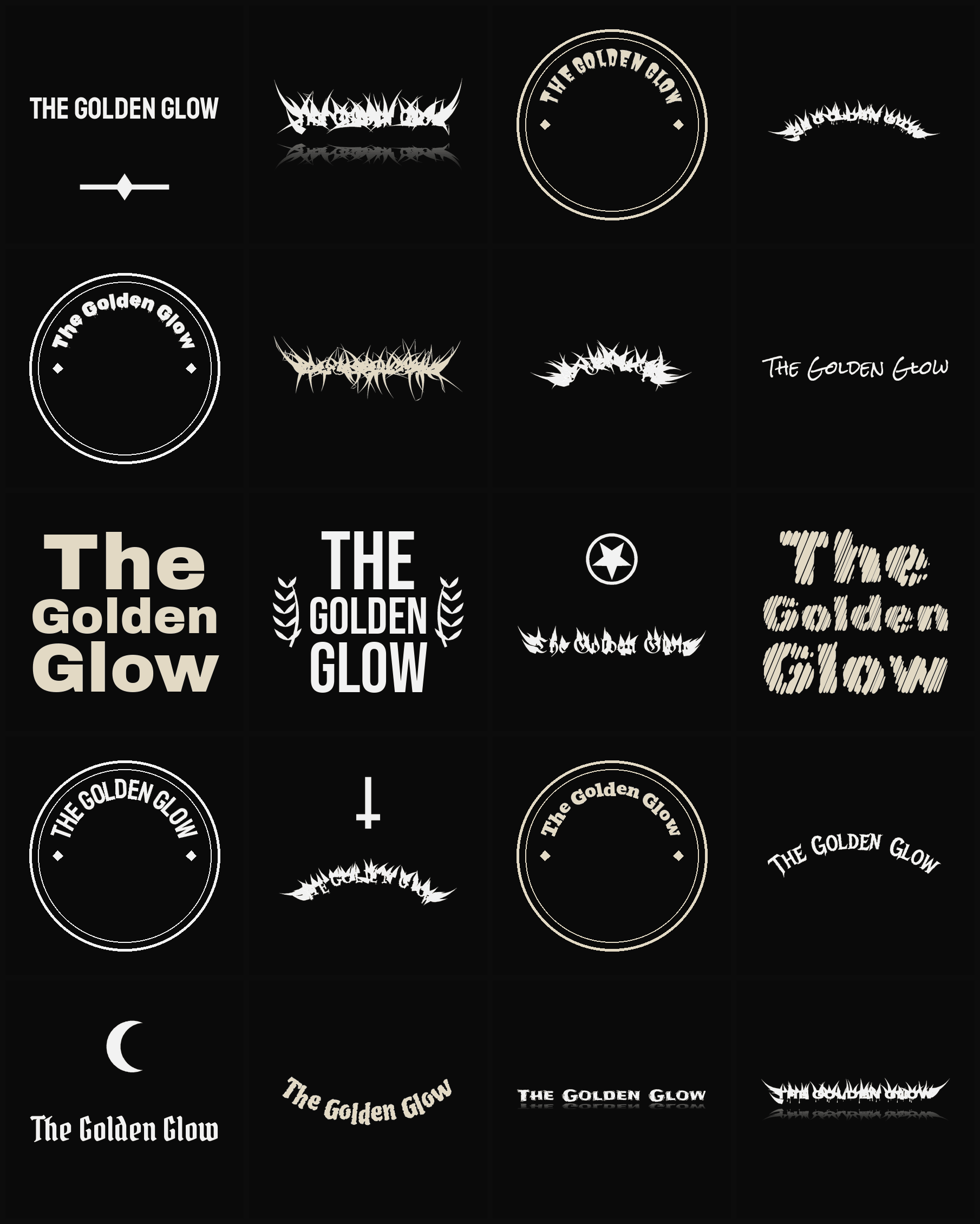 Twenty The Golden Glow band logo ideas — different faces, treatments and spike settings