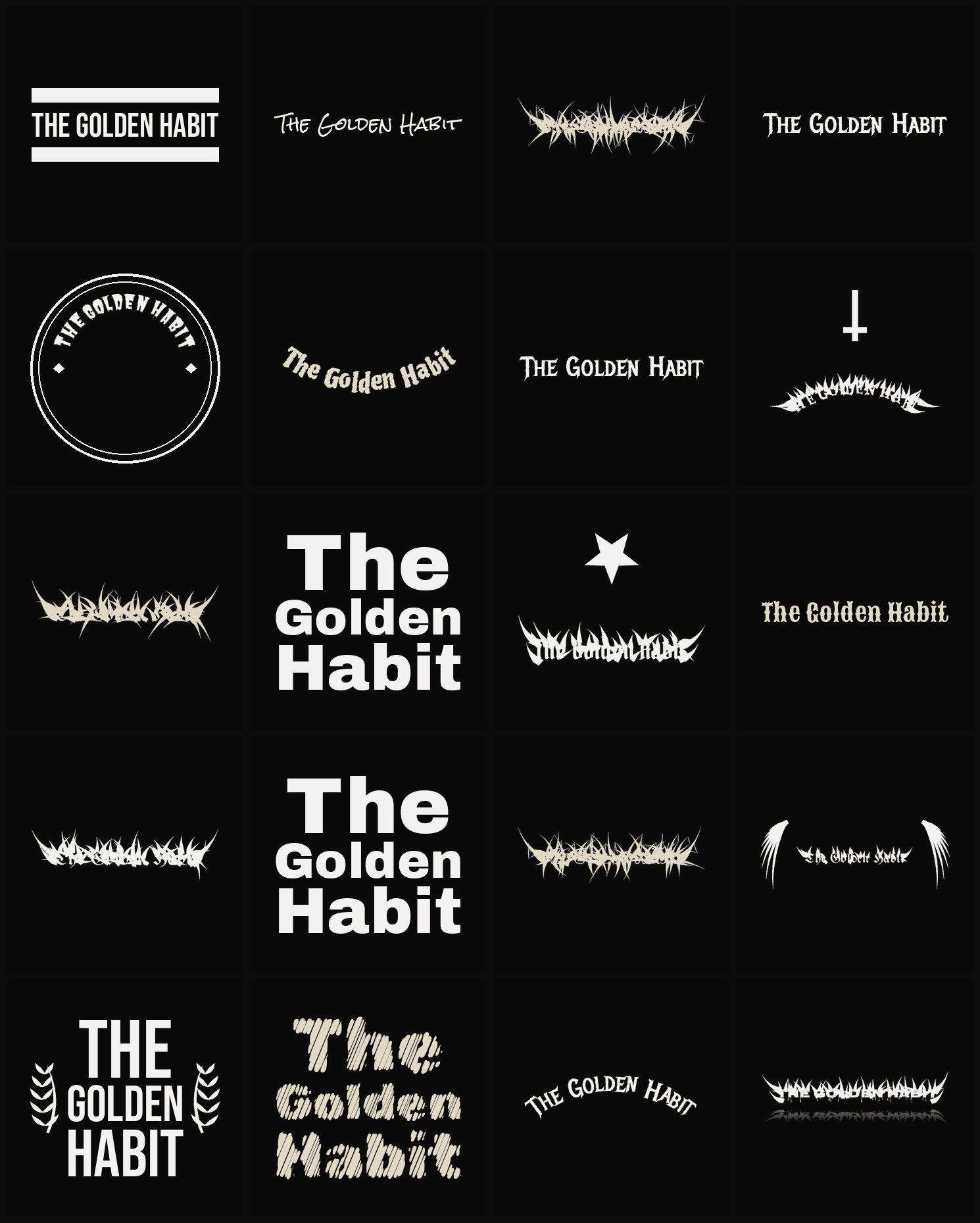 Twenty The Golden Habit band logo ideas — different faces, treatments and spike settings