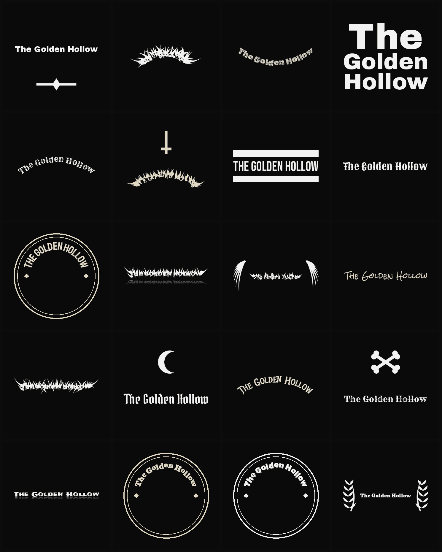 Twenty The Golden Hollow band logo ideas — different faces, treatments and spike settings