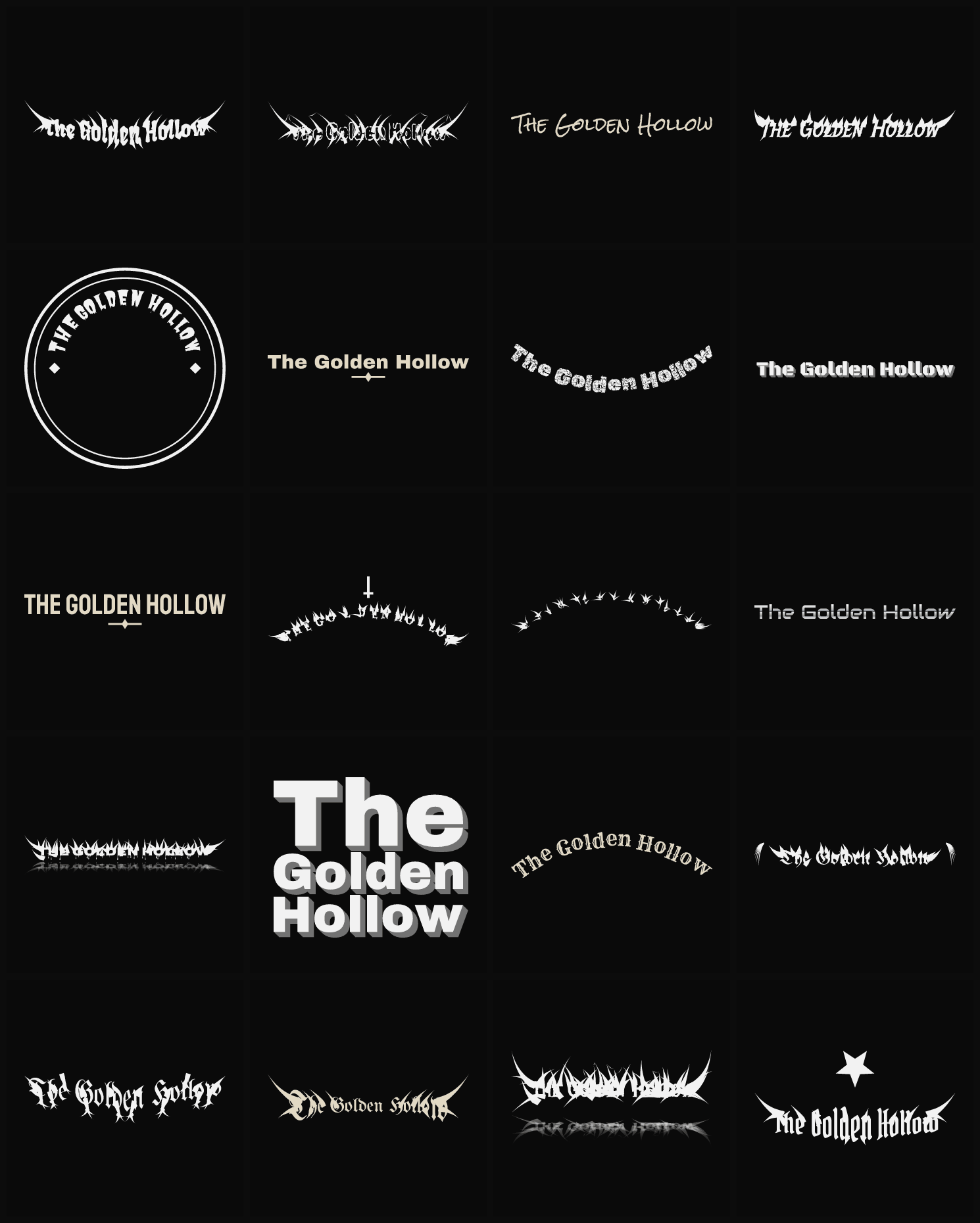 Twenty The Golden Hollow band logo ideas — different faces, treatments and spike settings
