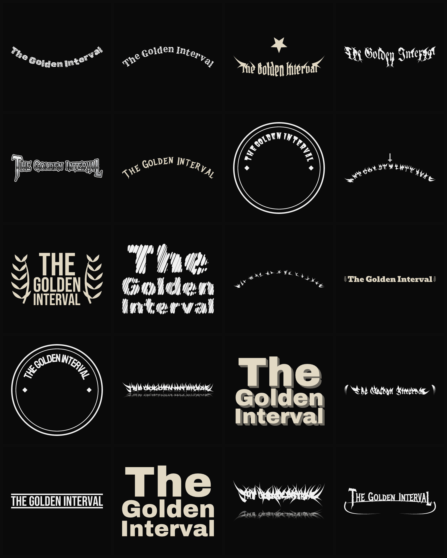 Twenty The Golden Interval band logo ideas — different faces, treatments and spike settings