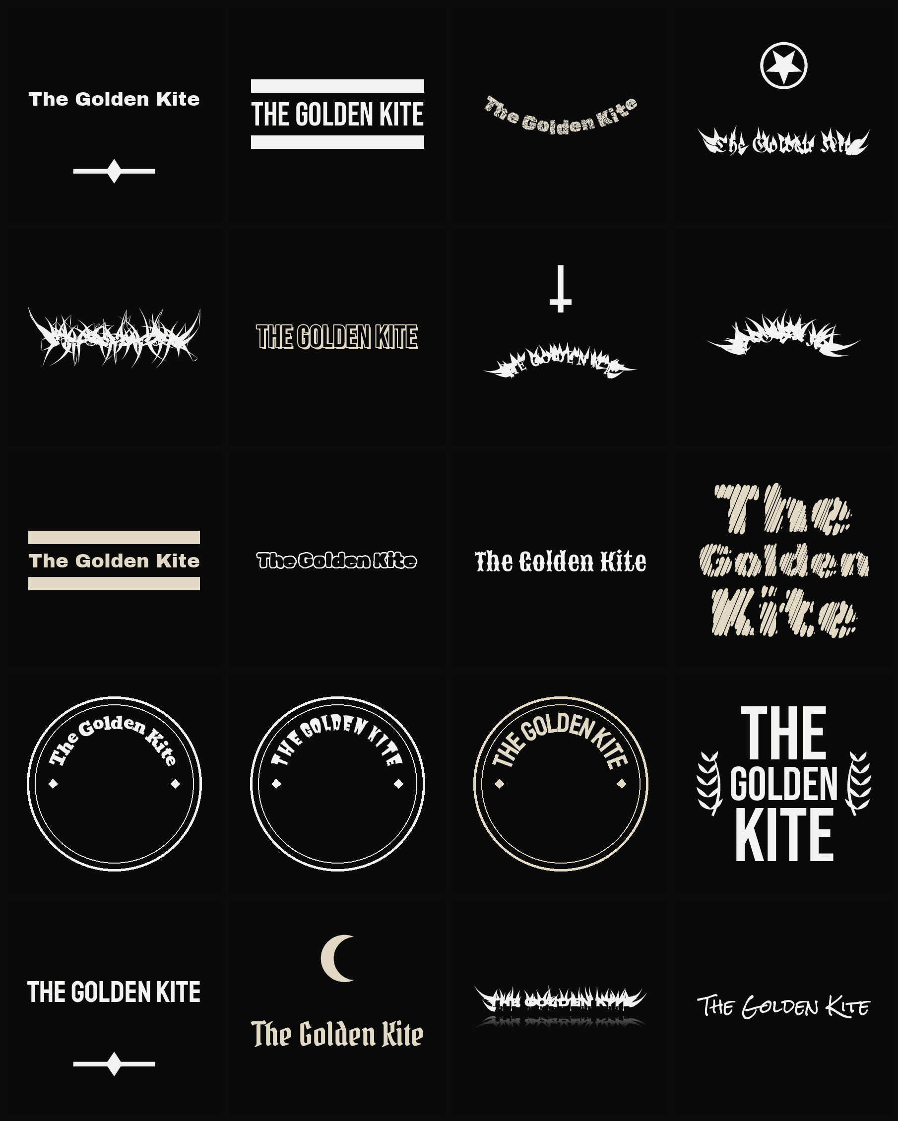 Twenty The Golden Kite band logo ideas — different faces, treatments and spike settings