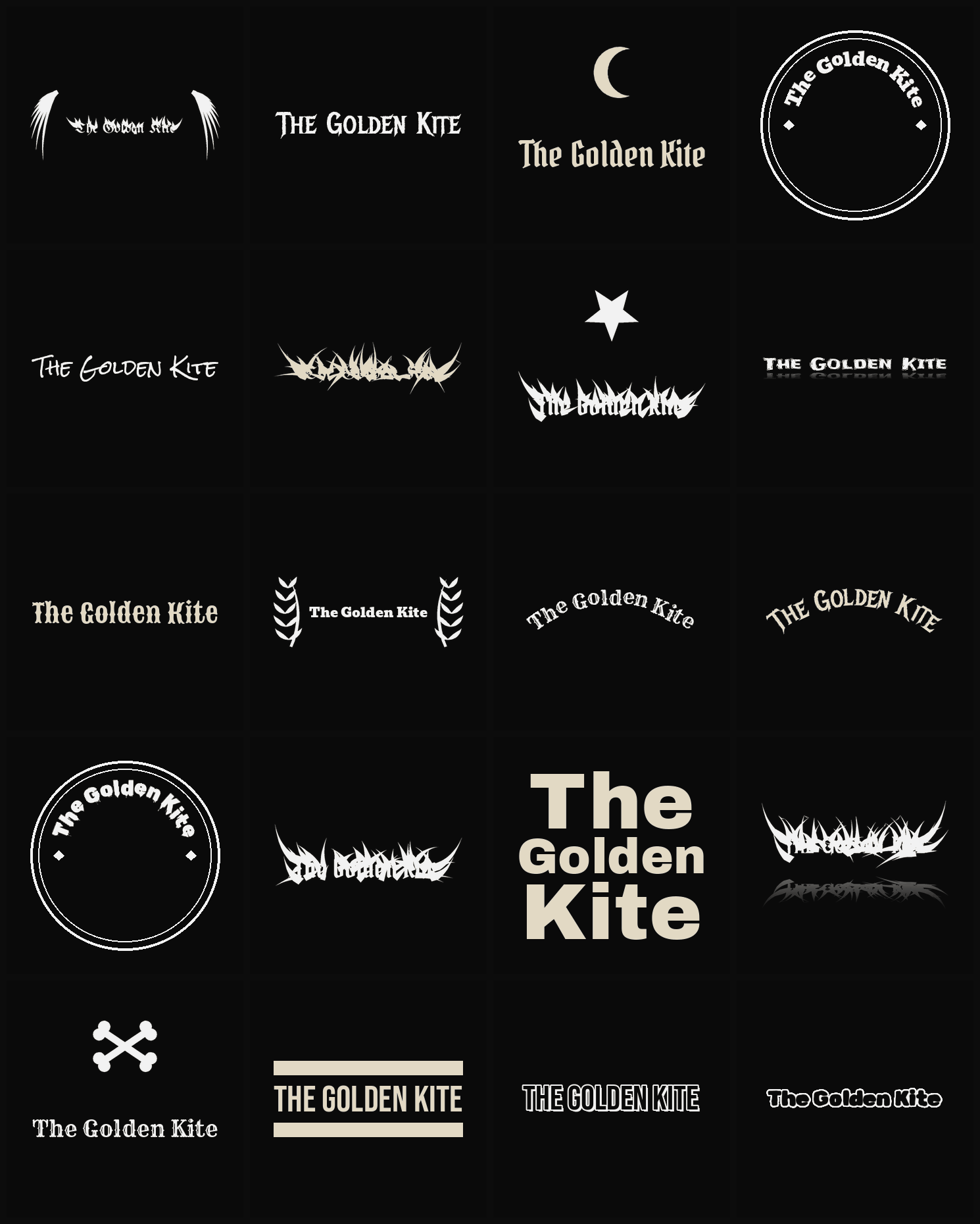 Twenty The Golden Kite band logo ideas — different faces, treatments and spike settings
