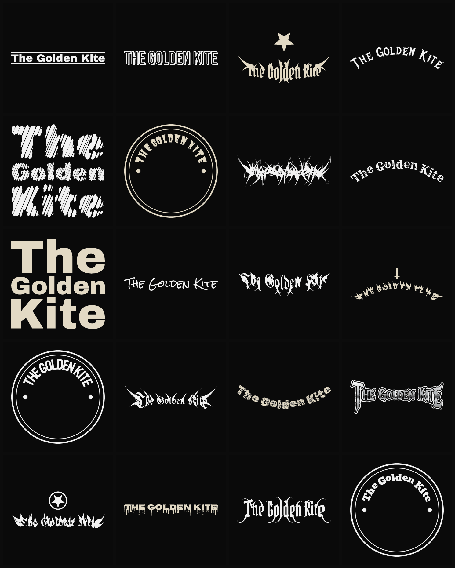 Twenty The Golden Kite band logo ideas — different faces, treatments and spike settings