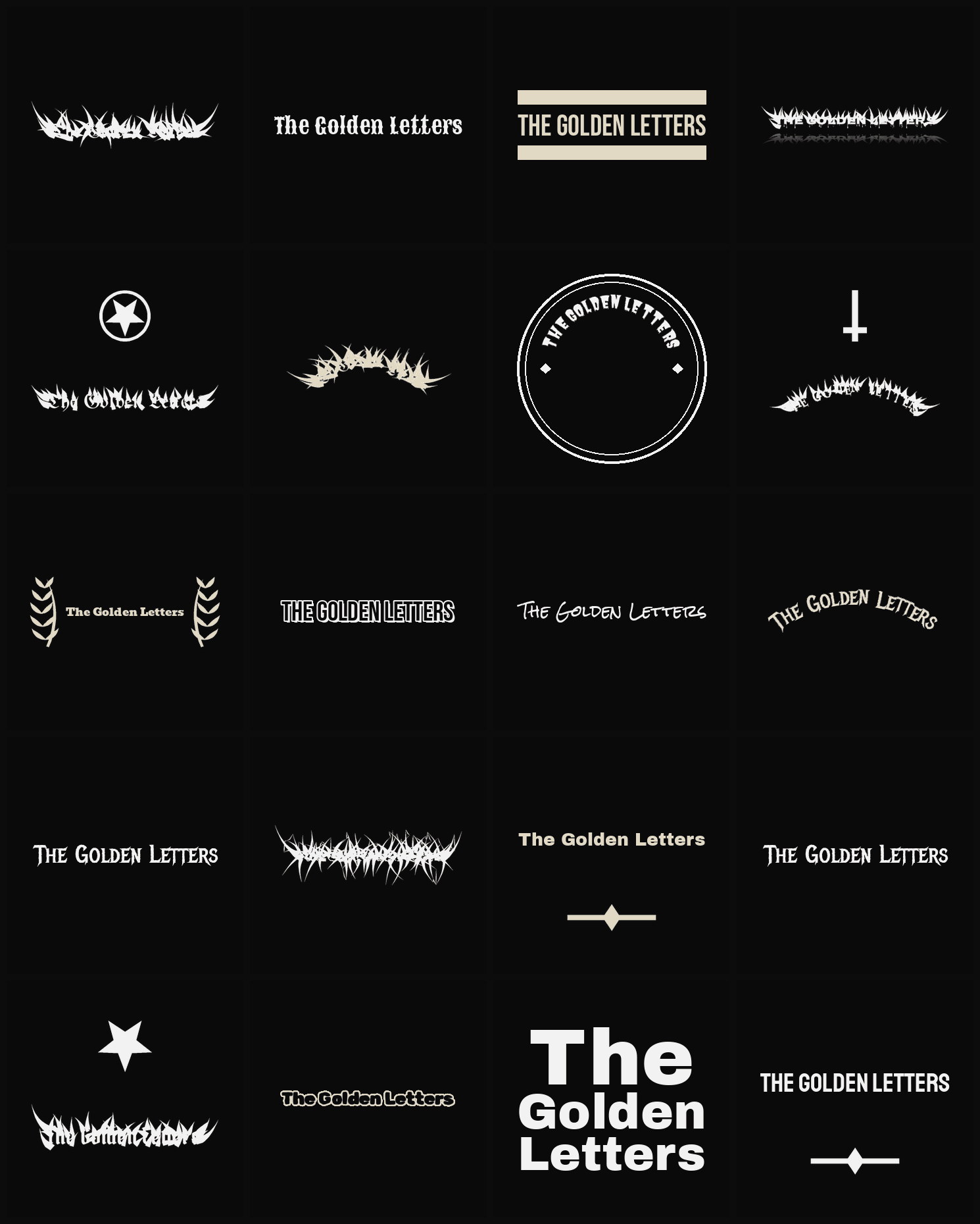 Twenty The Golden Letters band logo ideas — different faces, treatments and spike settings