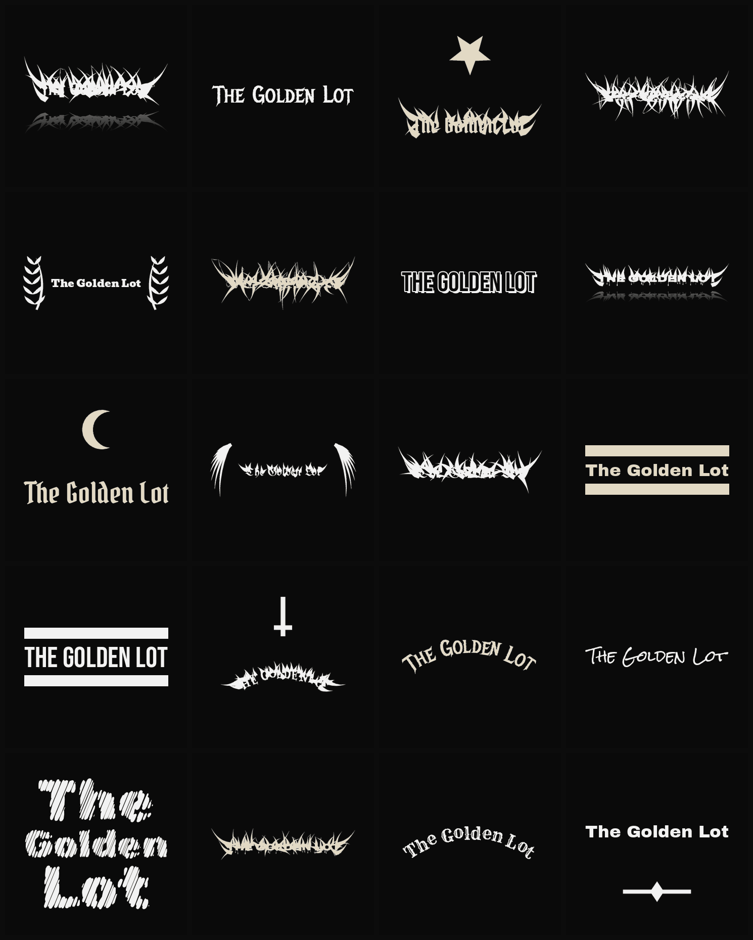 Twenty The Golden Lot band logo ideas — different faces, treatments and spike settings