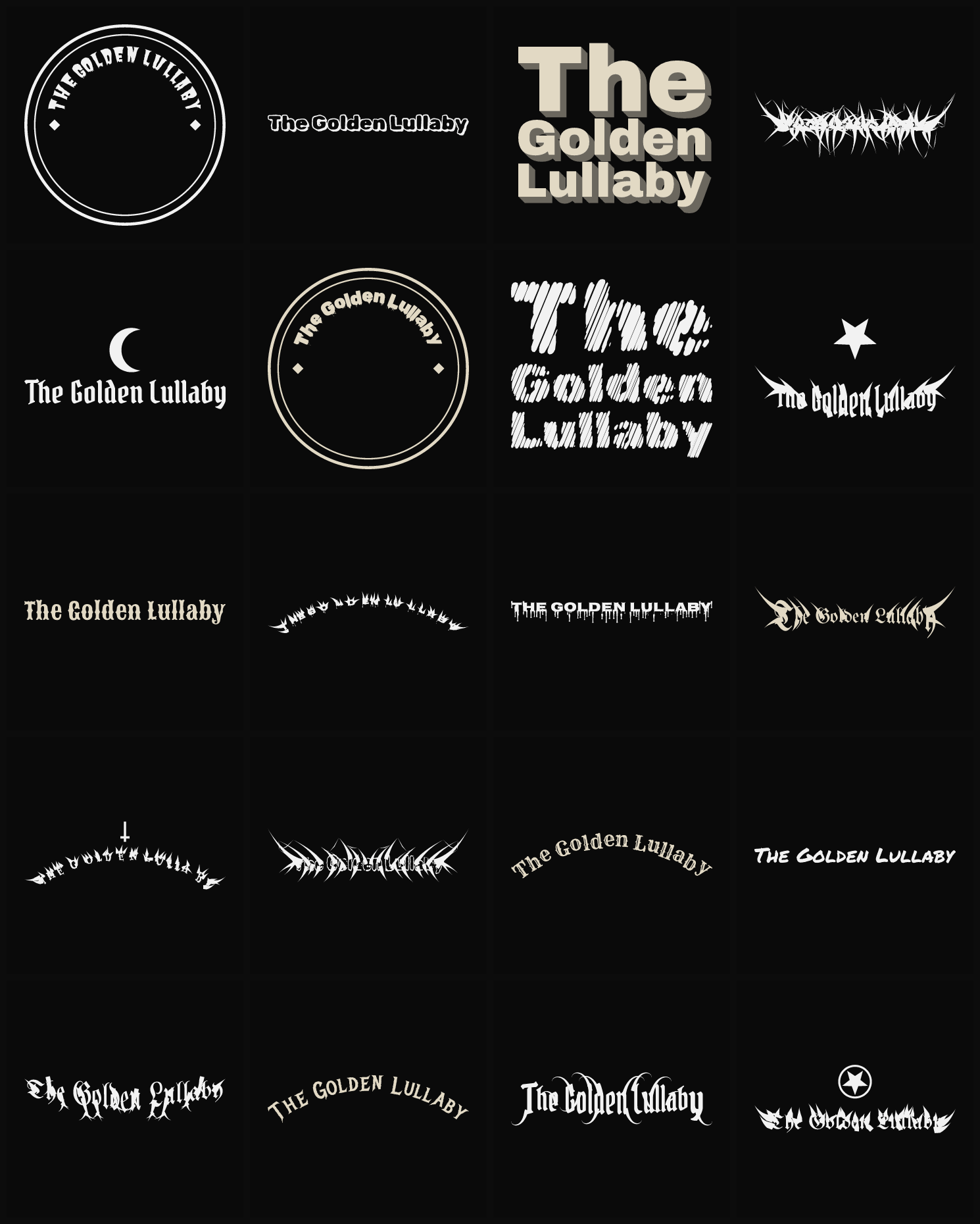 Twenty The Golden Lullaby band logo ideas — different faces, treatments and spike settings