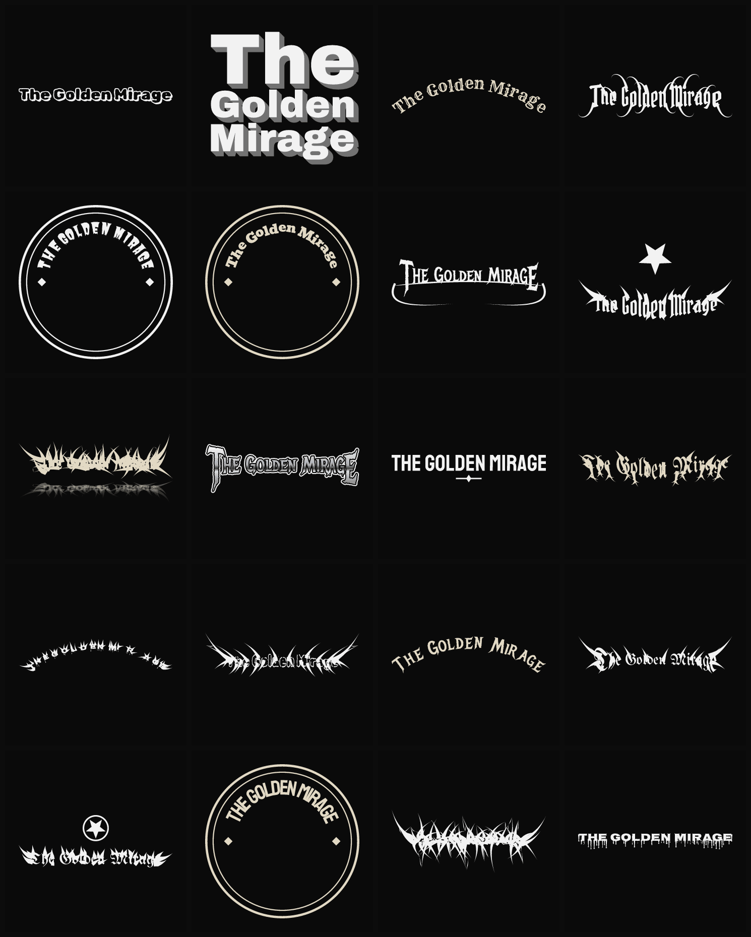 Twenty The Golden Mirage band logo ideas — different faces, treatments and spike settings