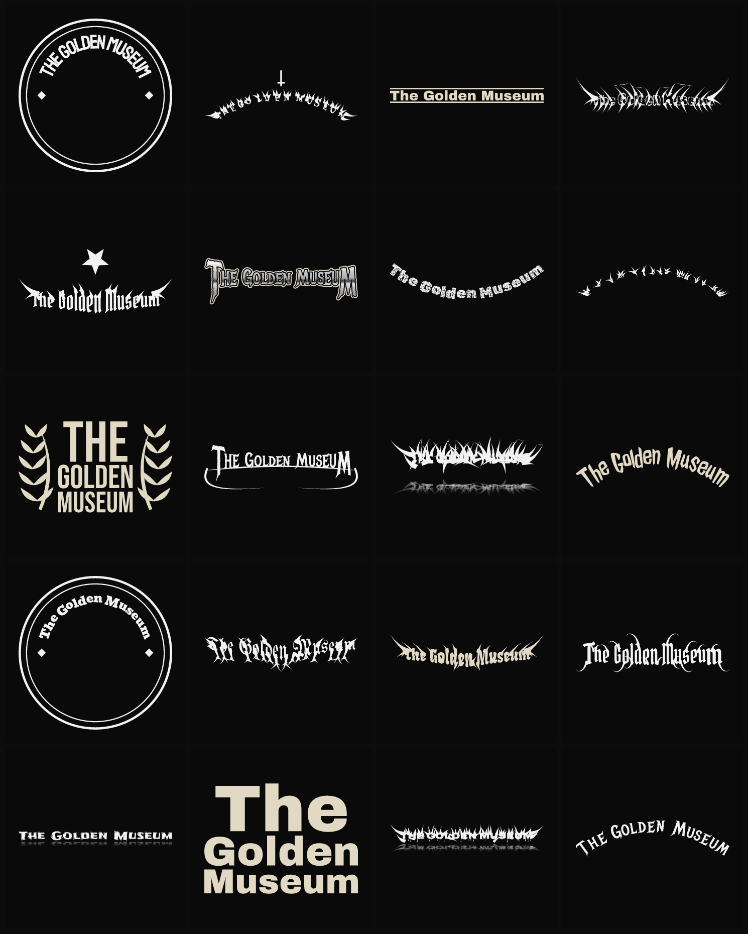 Twenty The Golden Museum band logo ideas — different faces, treatments and spike settings