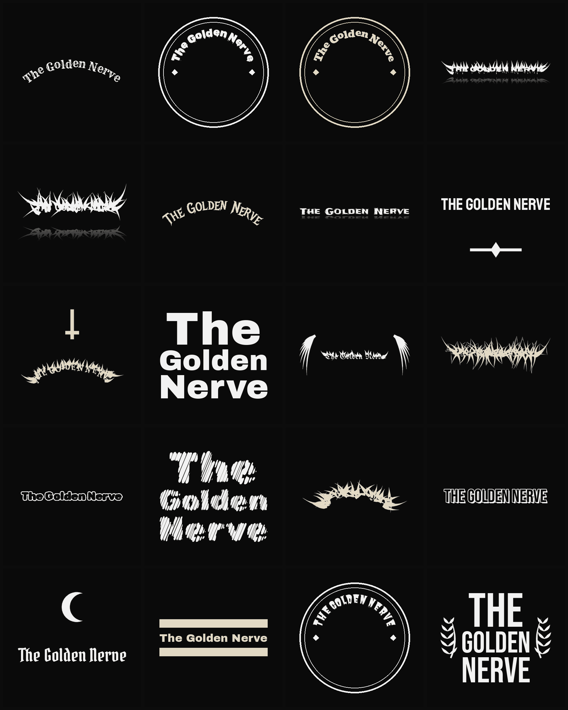 Twenty The Golden Nerve band logo ideas — different faces, treatments and spike settings