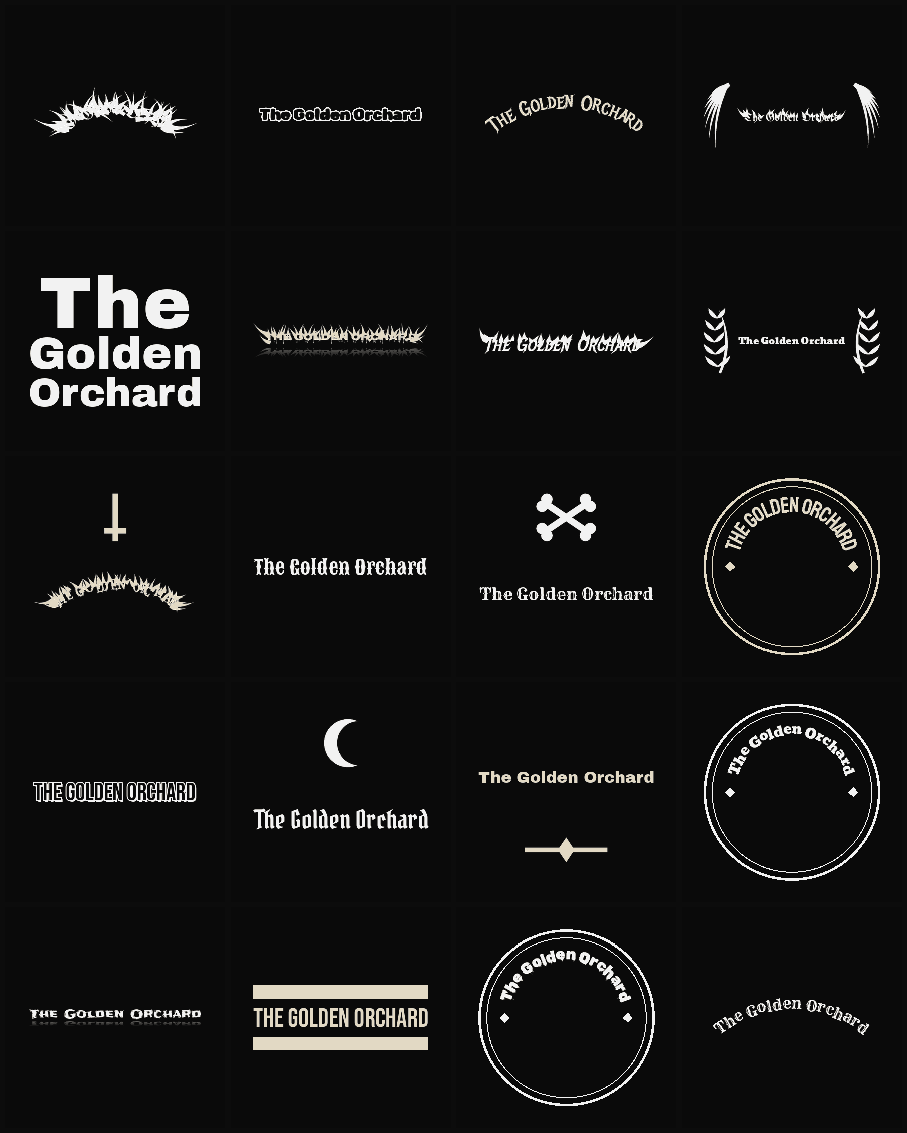 Twenty The Golden Orchard band logo ideas — different faces, treatments and spike settings