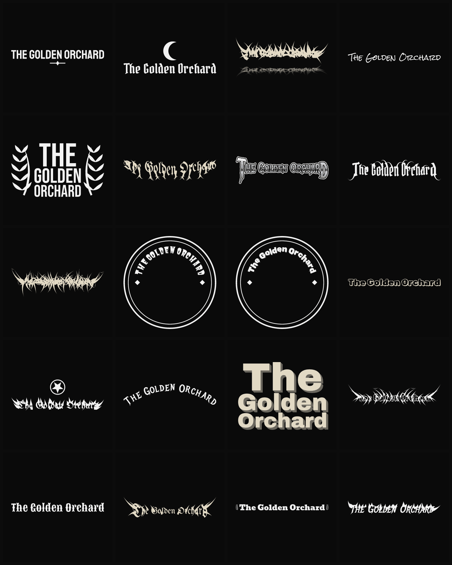 Twenty The Golden Orchard band logo ideas — different faces, treatments and spike settings