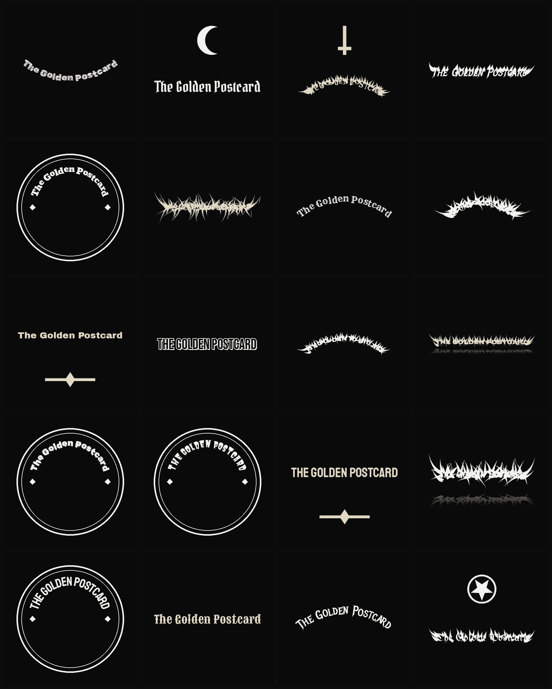 Twenty The Golden Postcard band logo ideas — different faces, treatments and spike settings