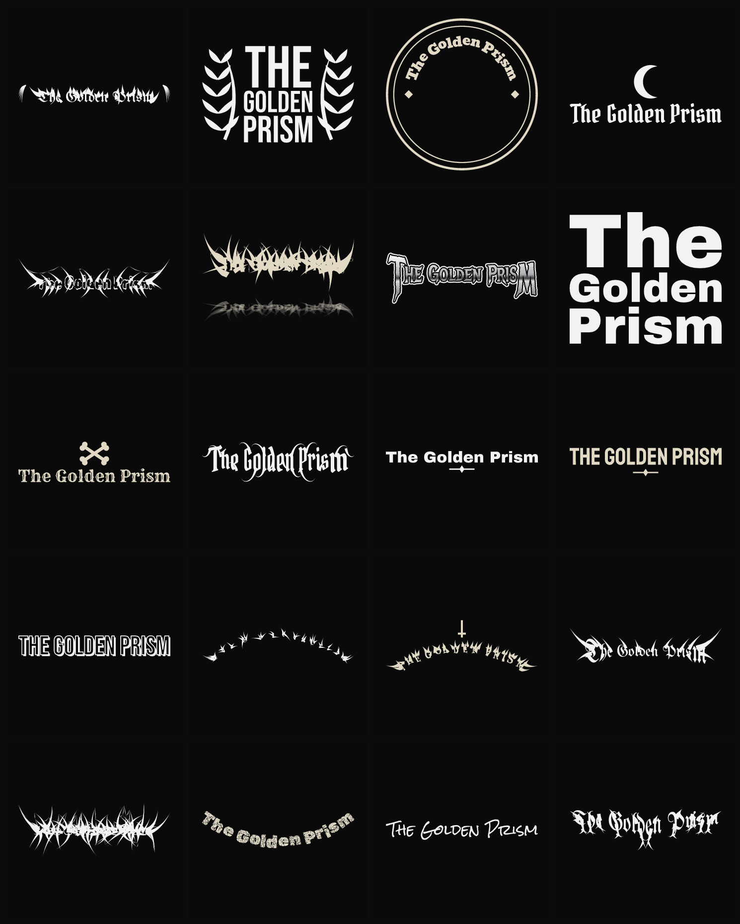 Twenty The Golden Prism band logo ideas — different faces, treatments and spike settings