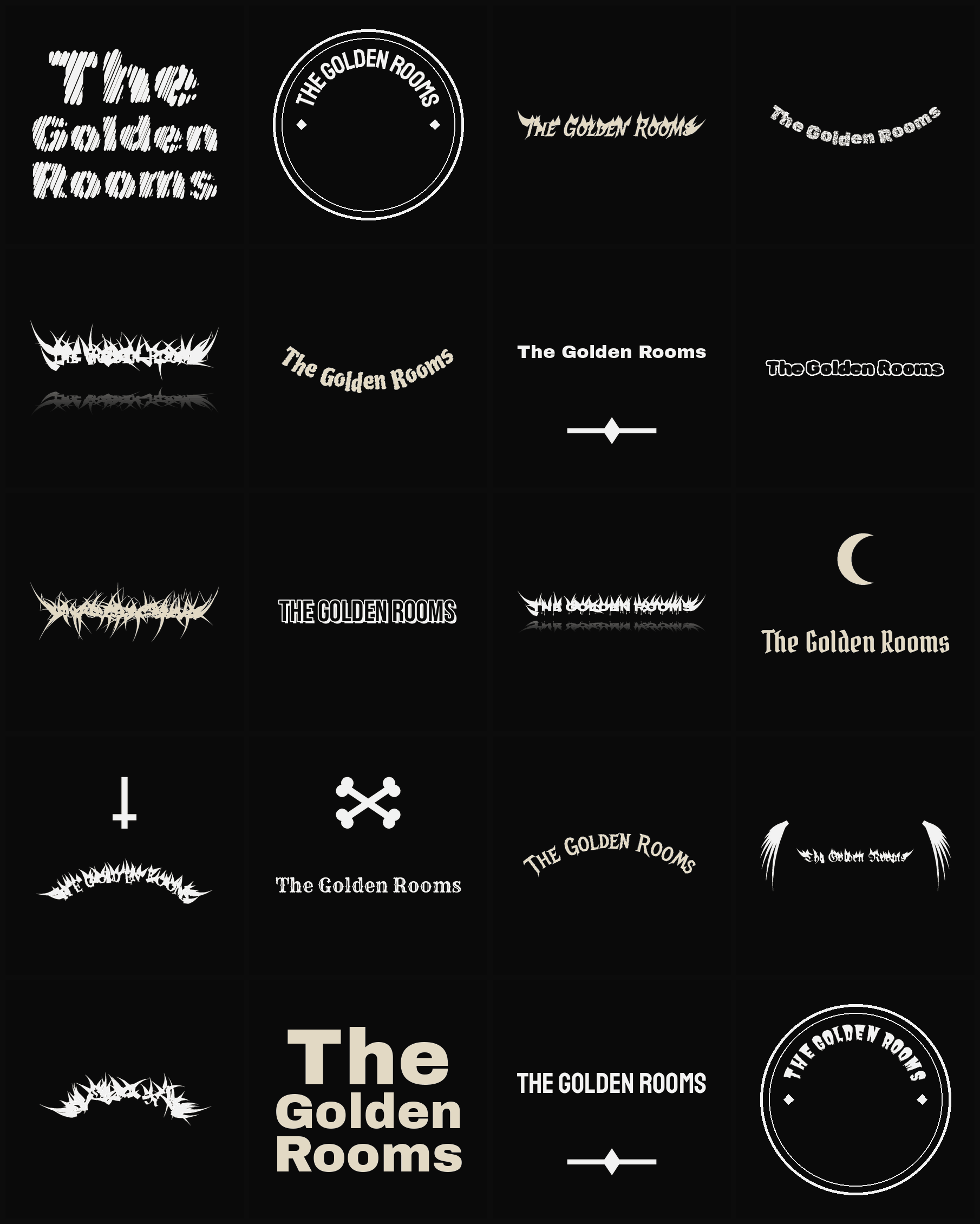 Twenty The Golden Rooms band logo ideas — different faces, treatments and spike settings