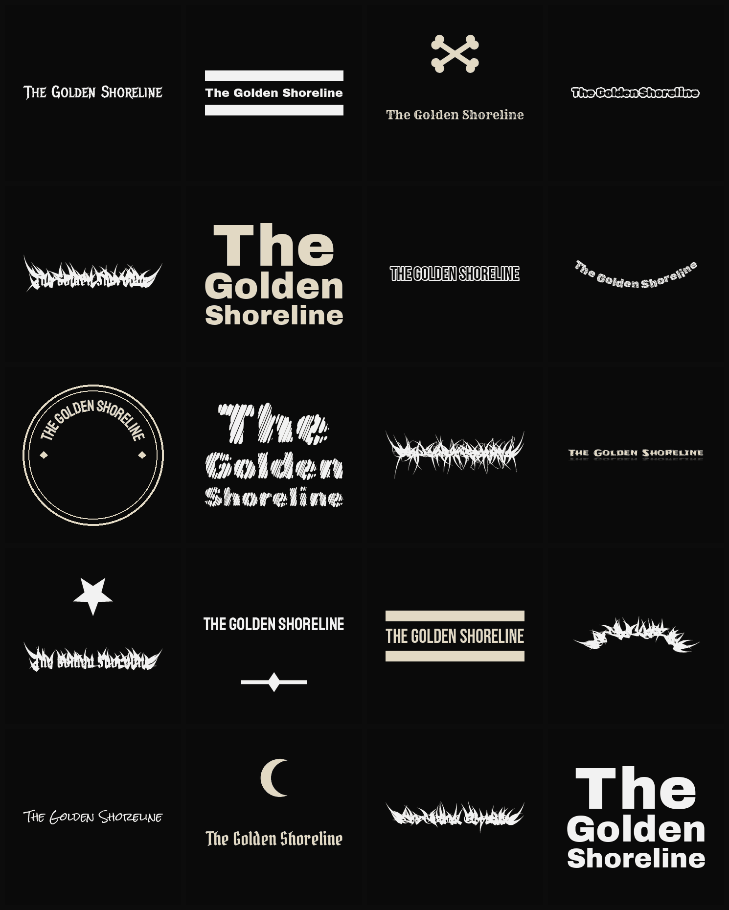 Twenty The Golden Shoreline band logo ideas — different faces, treatments and spike settings