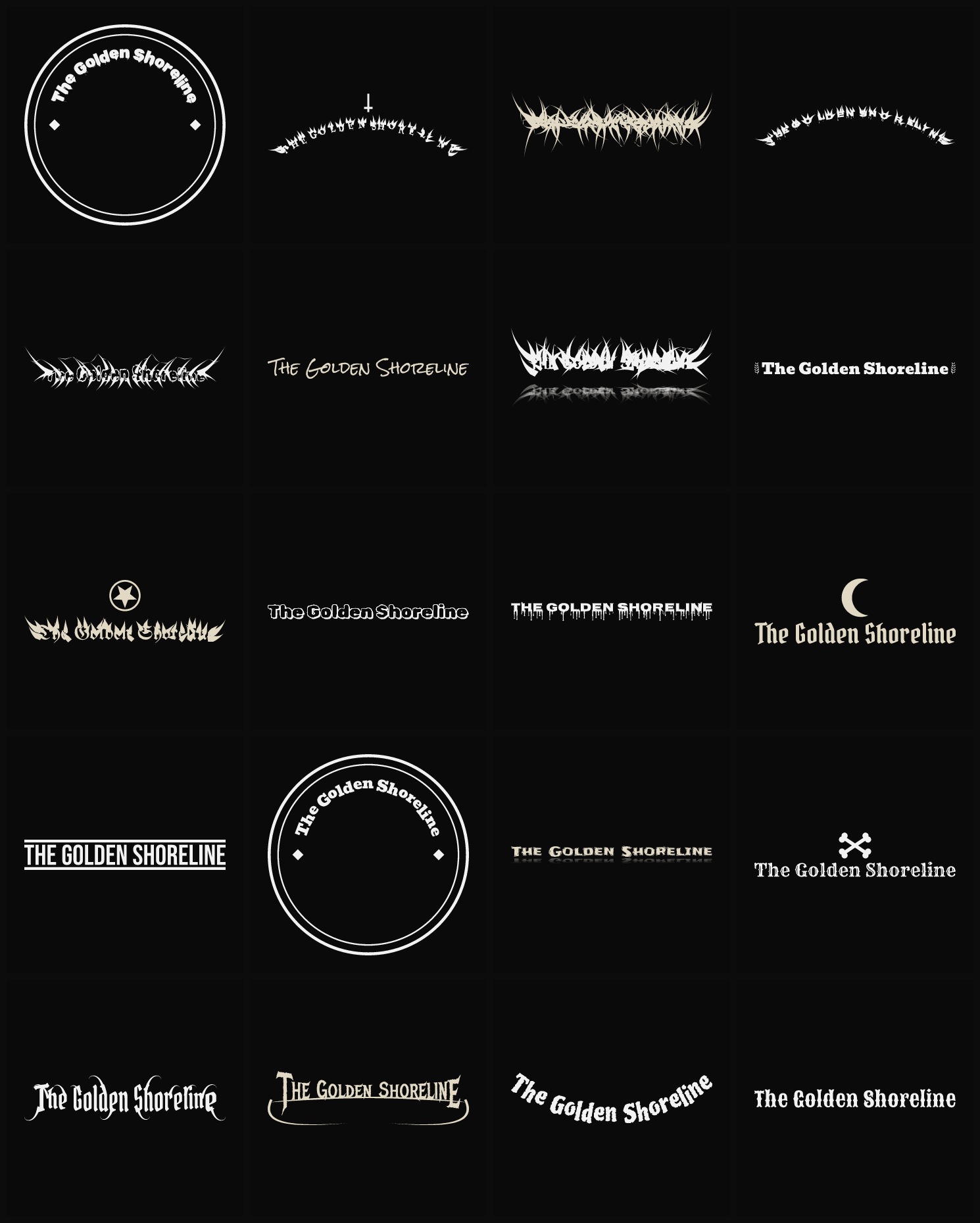 Twenty The Golden Shoreline band logo ideas — different faces, treatments and spike settings
