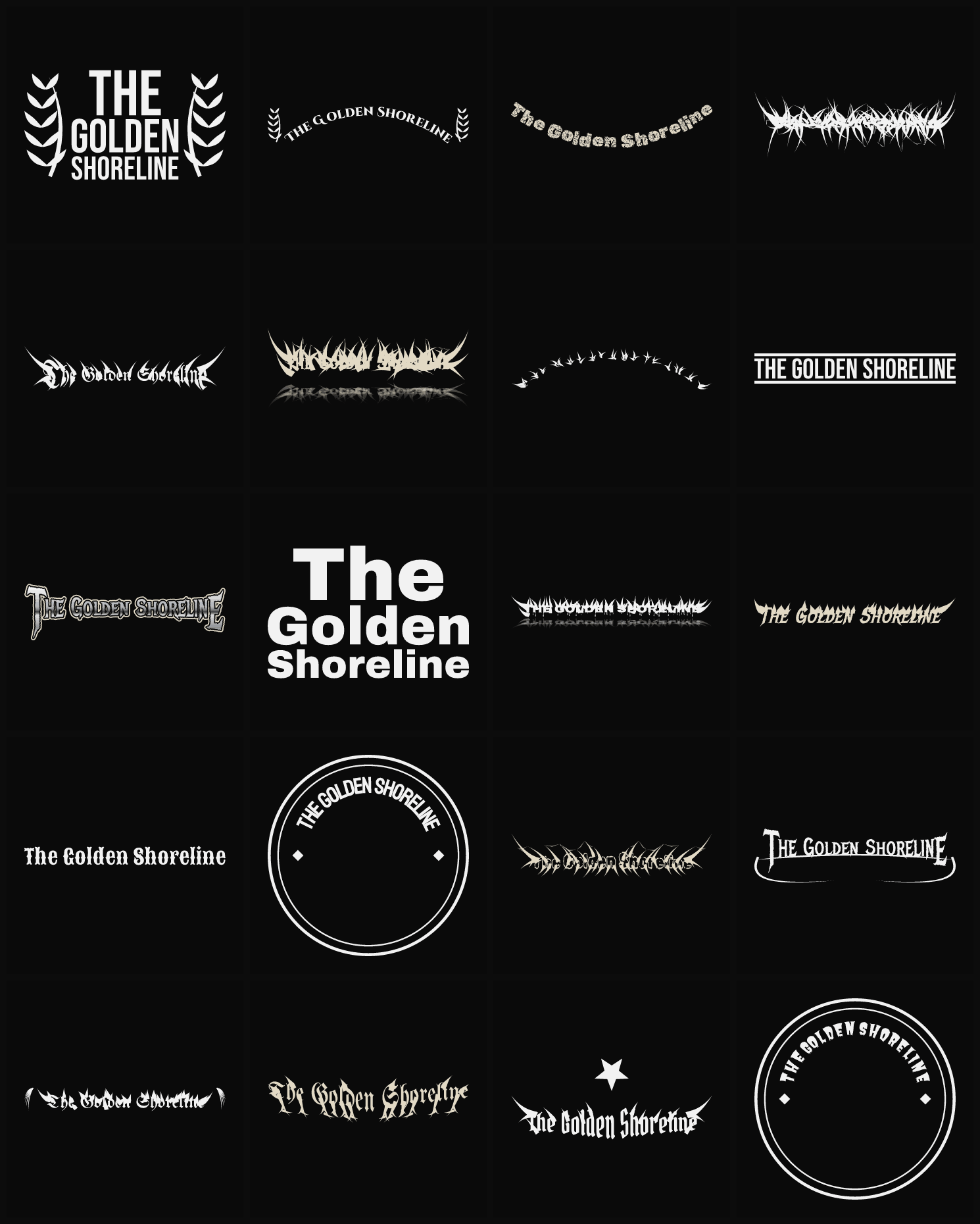Twenty The Golden Shoreline band logo ideas — different faces, treatments and spike settings
