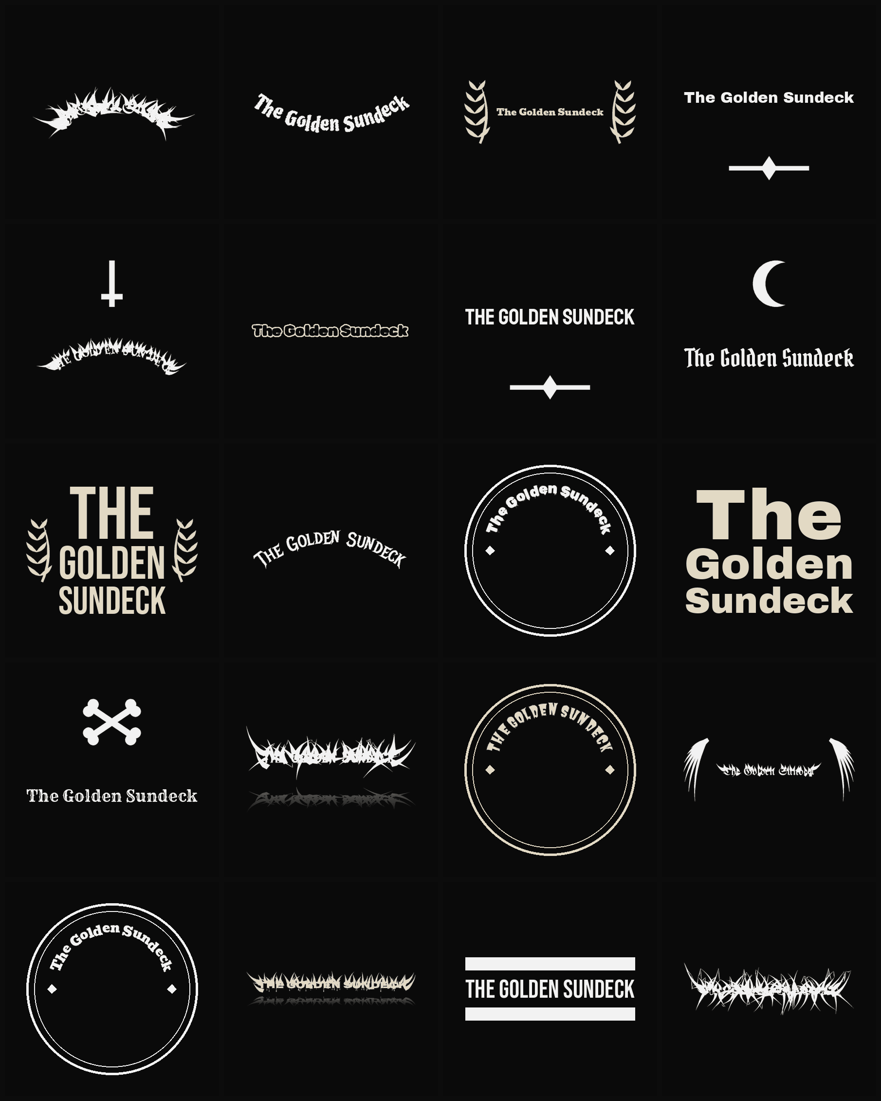 Twenty The Golden Sundeck band logo ideas — different faces, treatments and spike settings