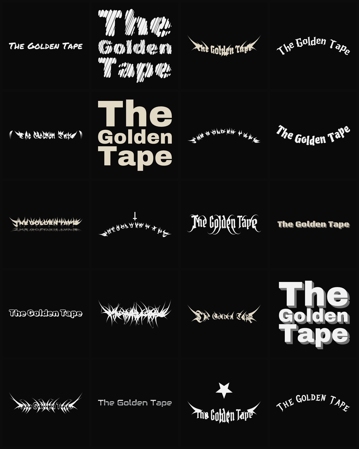 Twenty The Golden Tape band logo ideas — different faces, treatments and spike settings