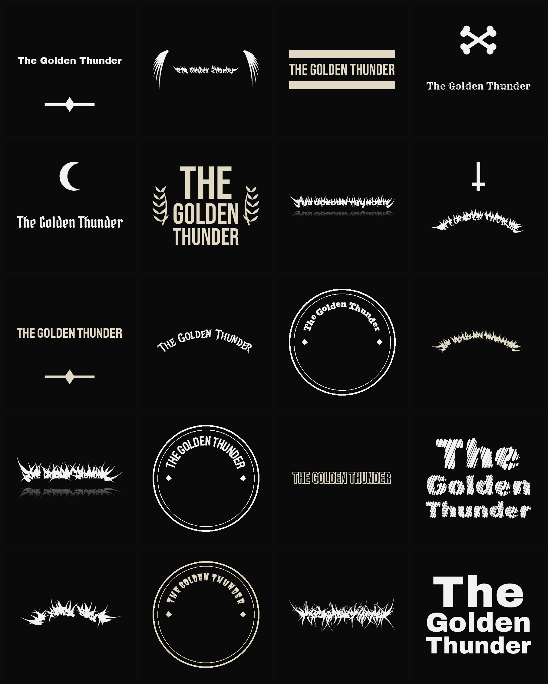 Twenty The Golden Thunder band logo ideas — different faces, treatments and spike settings