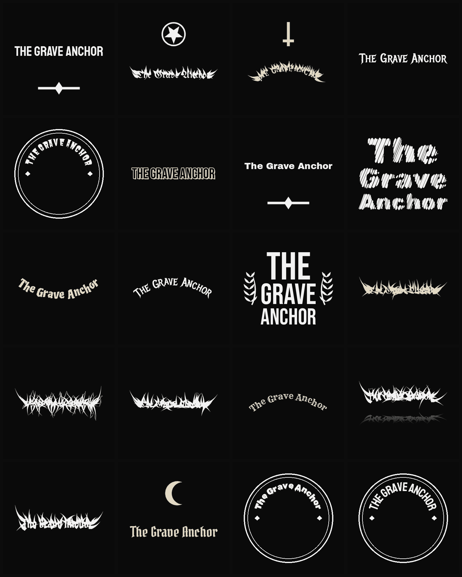 Twenty The Grave Anchor band logo ideas — different faces, treatments and spike settings