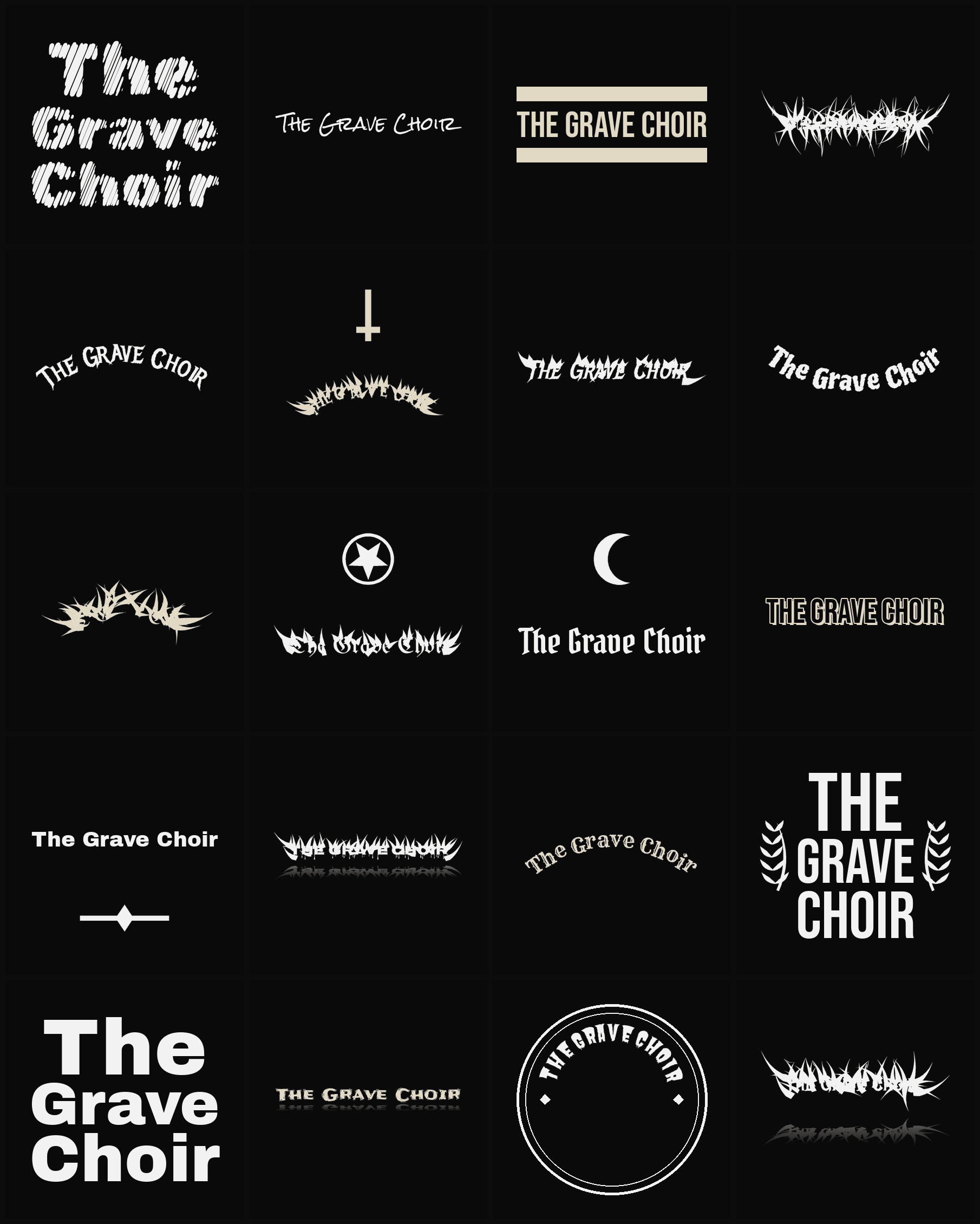 Twenty The Grave Choir band logo ideas — different faces, treatments and spike settings