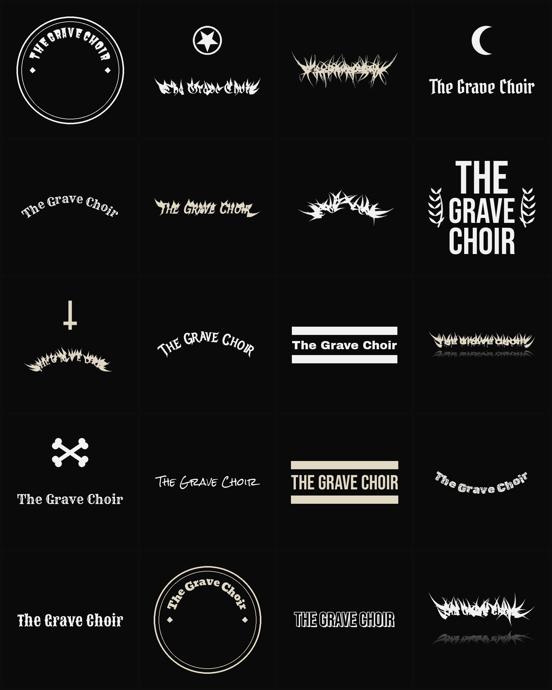 Twenty The Grave Choir band logo ideas — different faces, treatments and spike settings