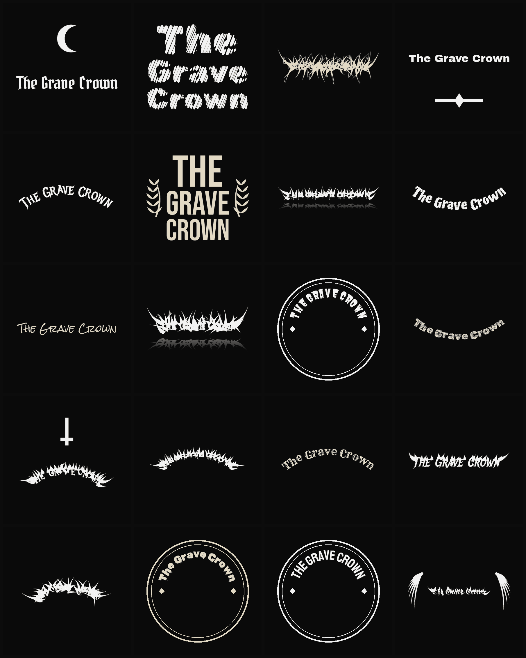 Twenty The Grave Crown band logo ideas — different faces, treatments and spike settings