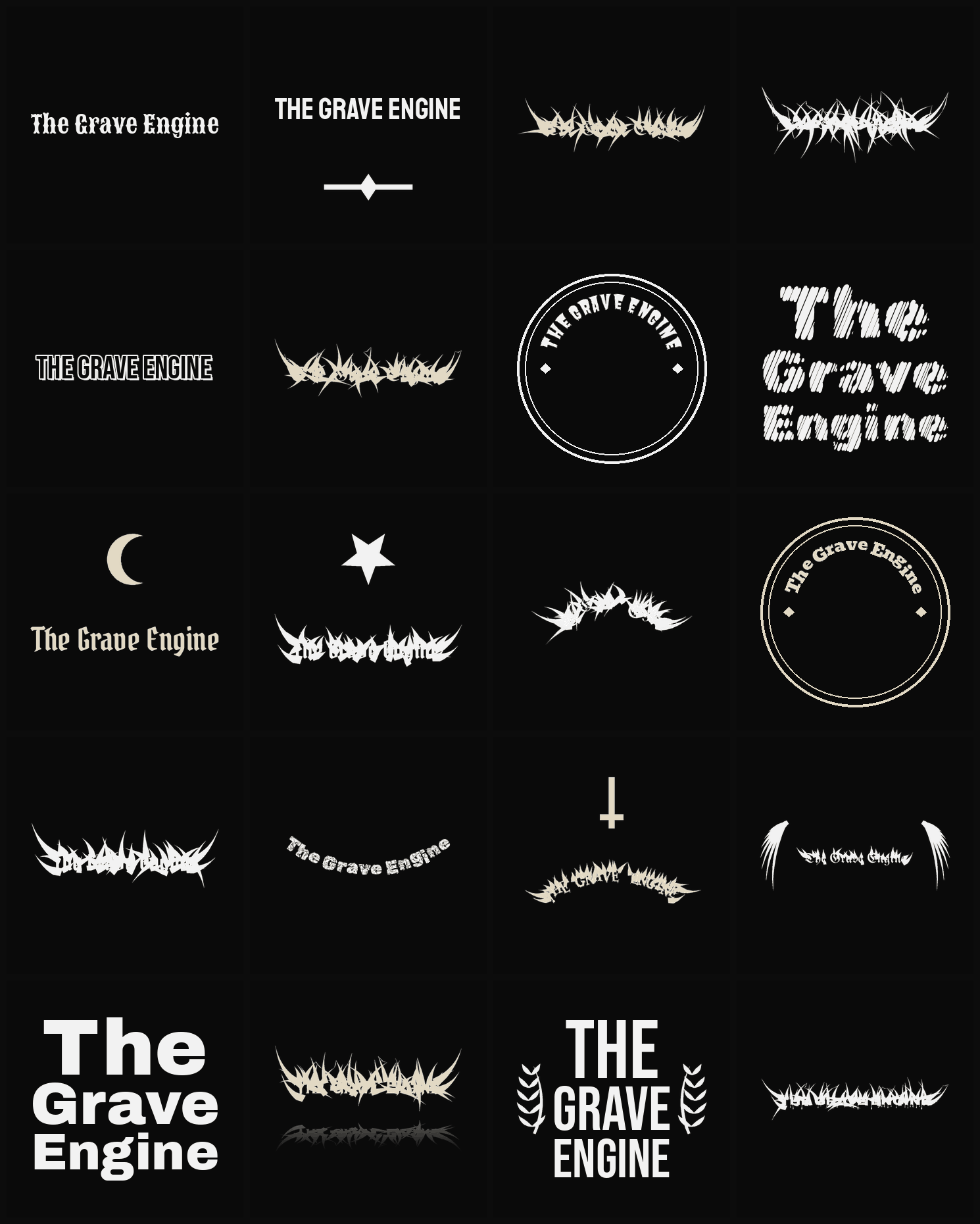 Twenty The Grave Engine band logo ideas — different faces, treatments and spike settings