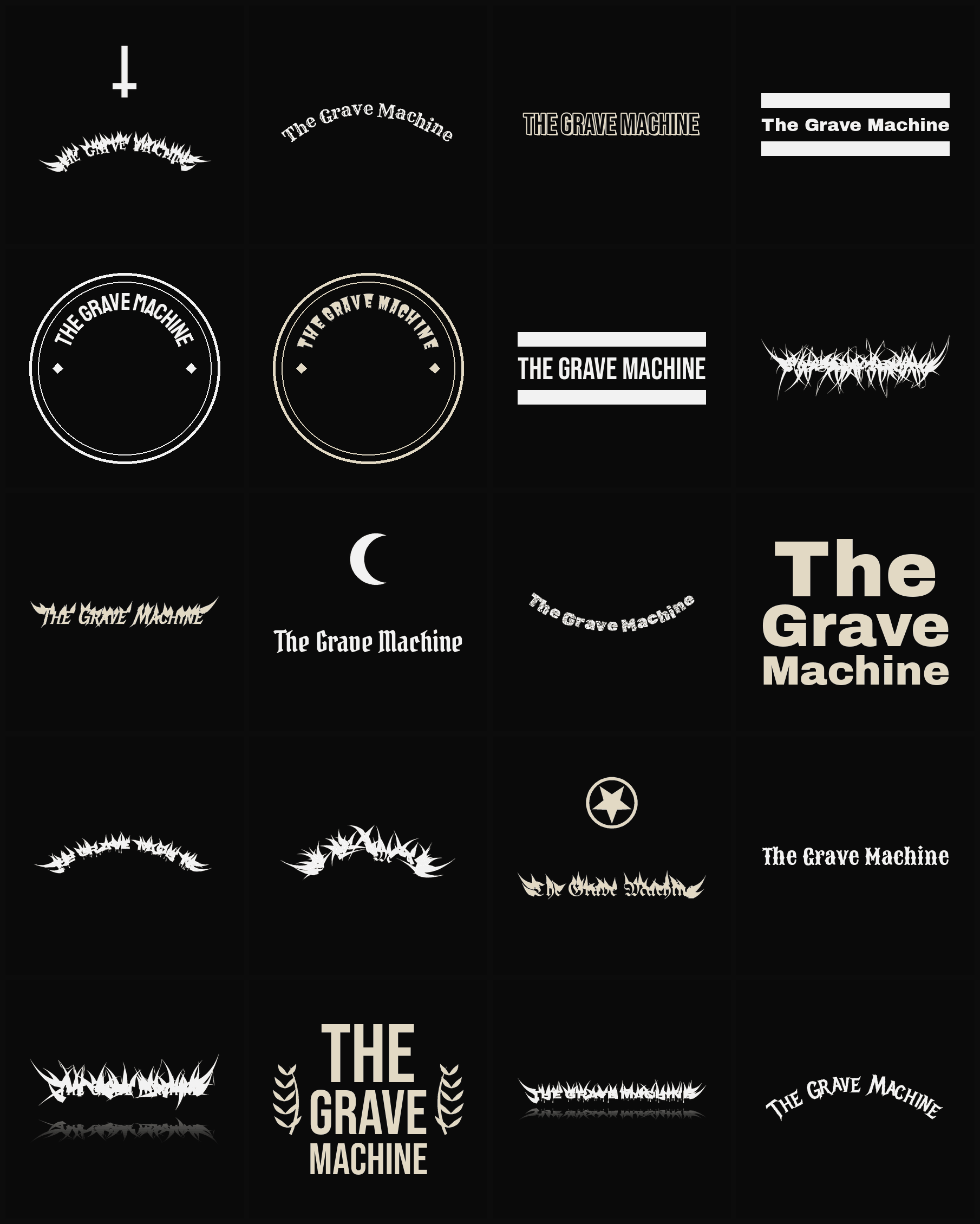 Twenty The Grave Machine band logo ideas — different faces, treatments and spike settings