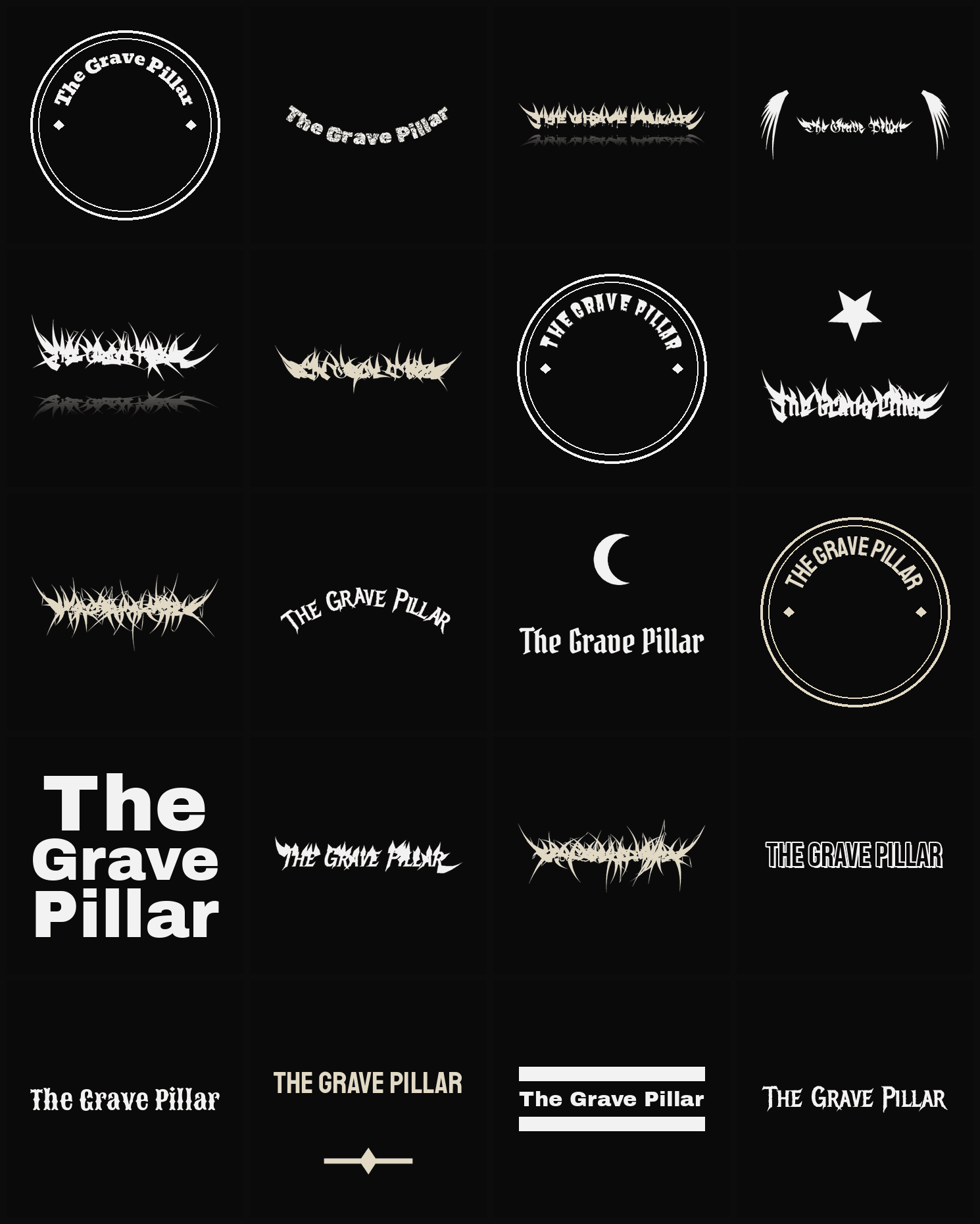 Twenty The Grave Pillar band logo ideas — different faces, treatments and spike settings