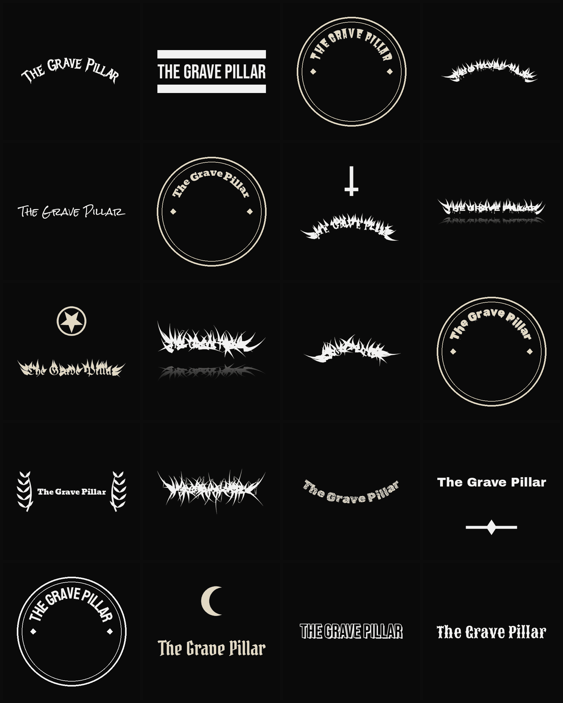 Twenty The Grave Pillar band logo ideas — different faces, treatments and spike settings