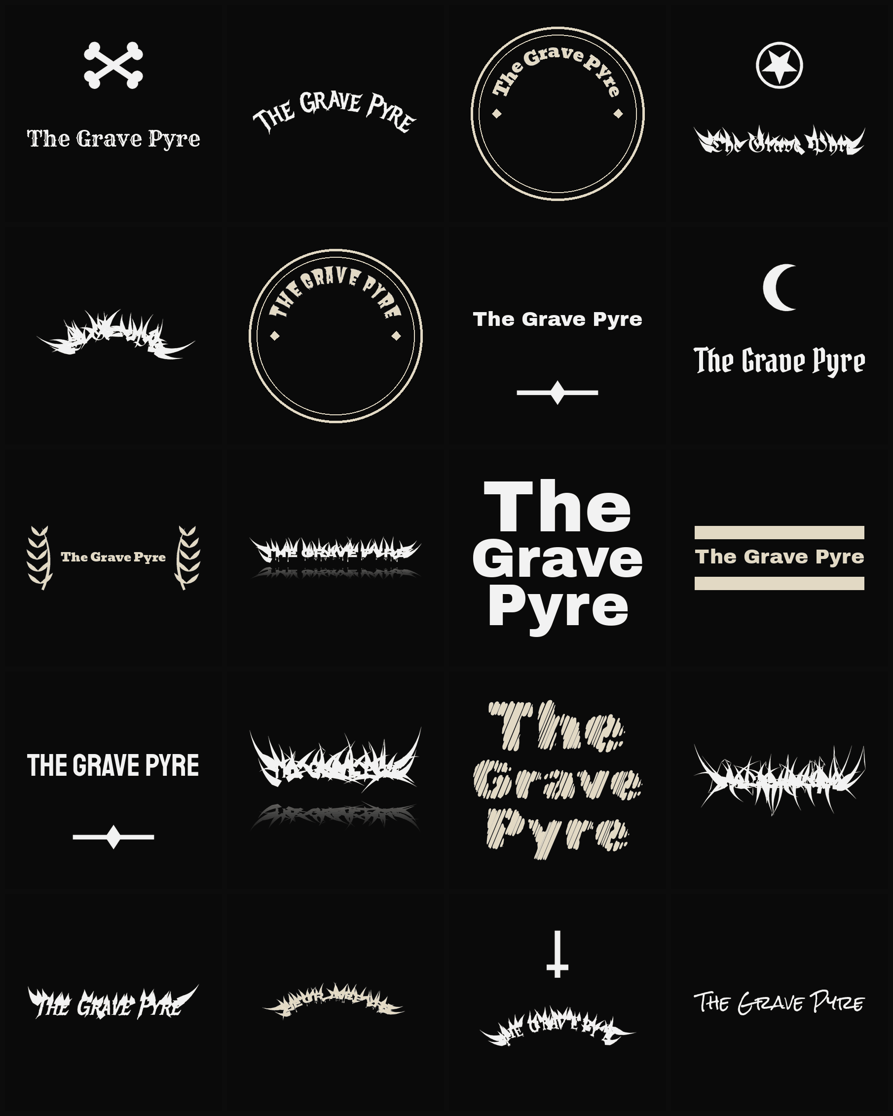 Twenty The Grave Pyre band logo ideas — different faces, treatments and spike settings