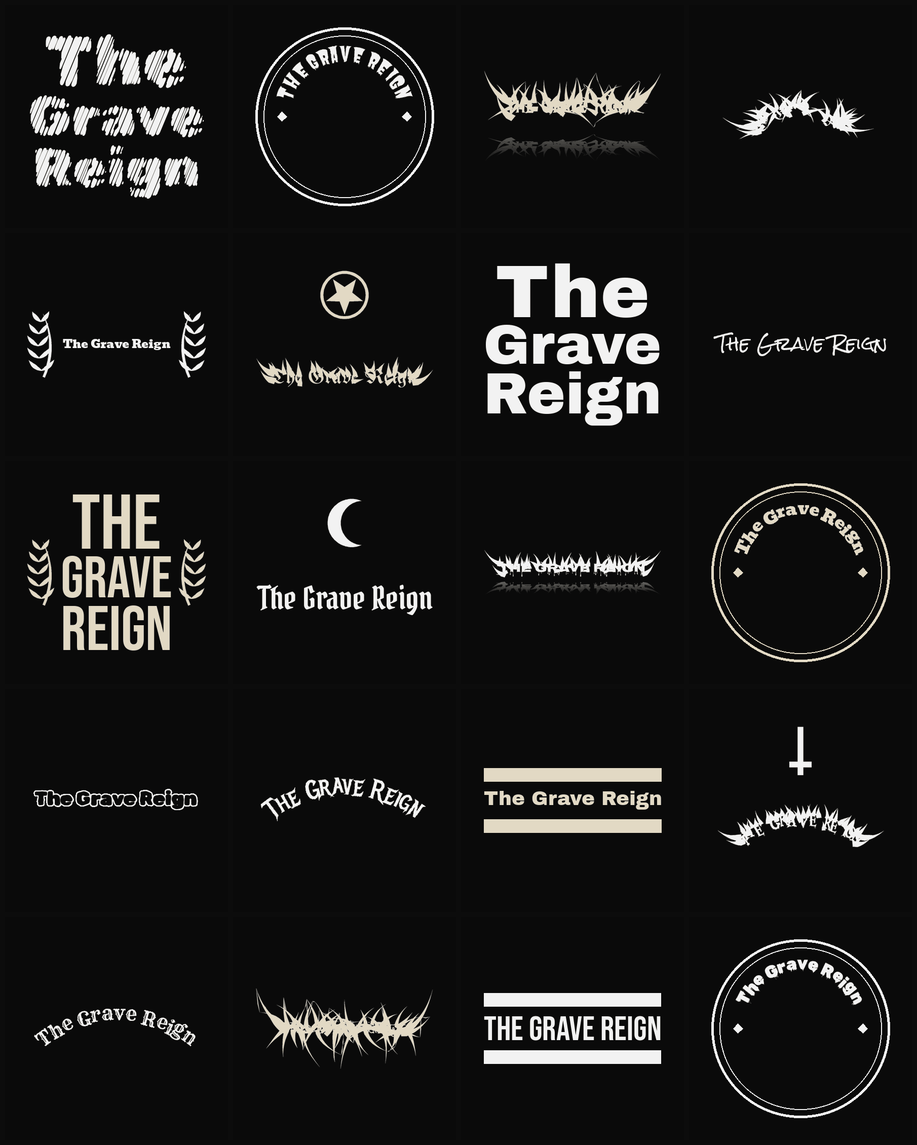 Twenty The Grave Reign band logo ideas — different faces, treatments and spike settings